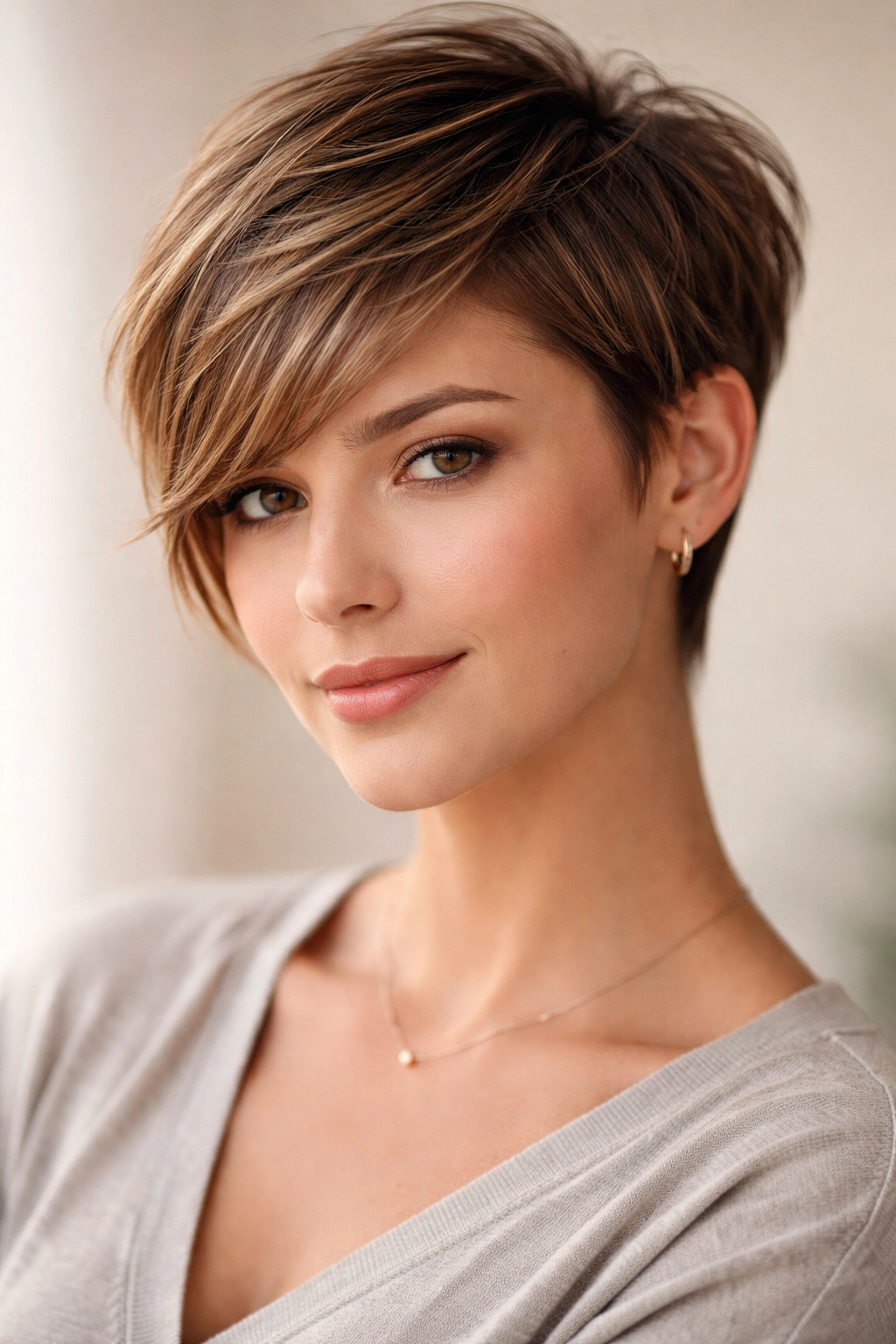 25 Short Haircuts Matched To Your Face Shape 24 Soft asymmetrical pixie with asymmetric length for a pear-shaped face