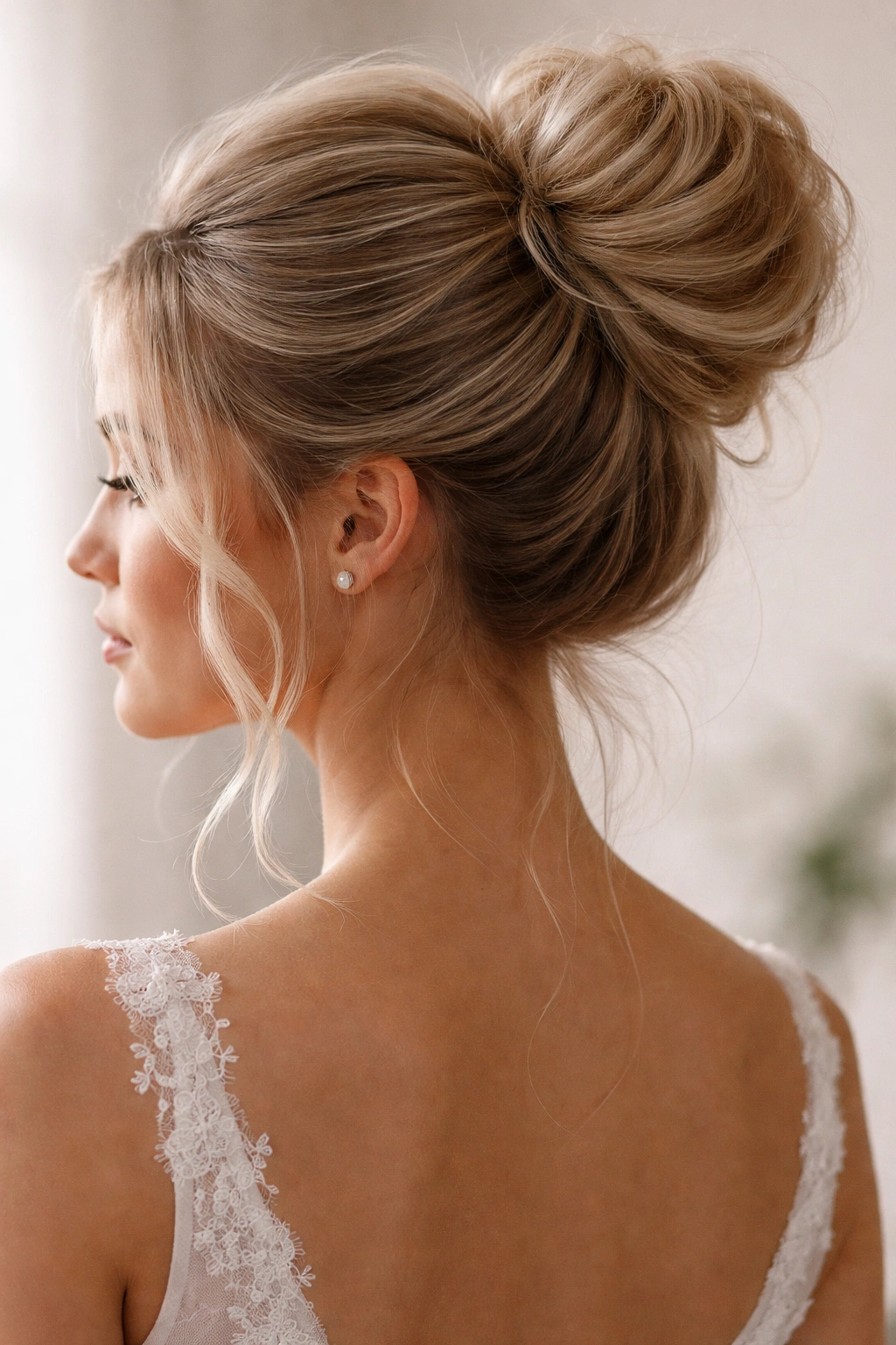 Close-up of a bride with a soft textured ballerina bun at the back of the head.