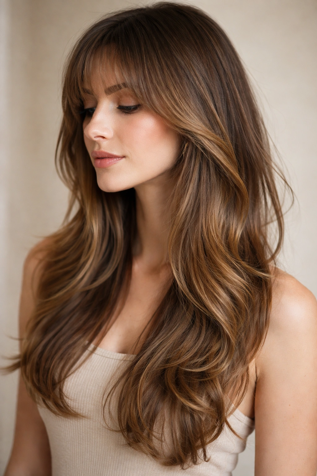 12 Hairstyles With Bangs That Suit Long Faces 12 Profile of a person with softly blended bangs and long layers
