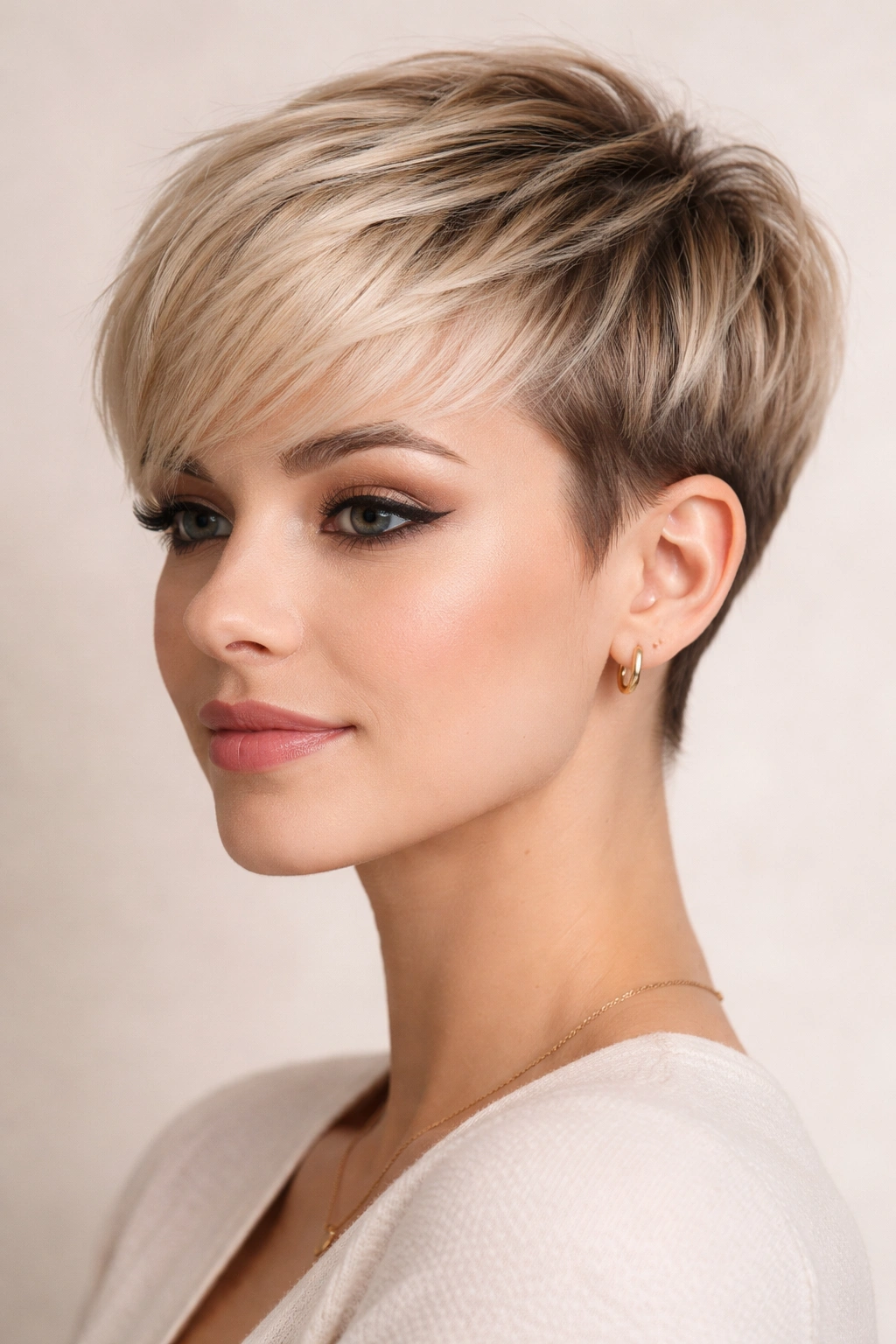 Close-up of a soft blonde pixie with rooted shadow ombre, dark roots fading to pale blonde