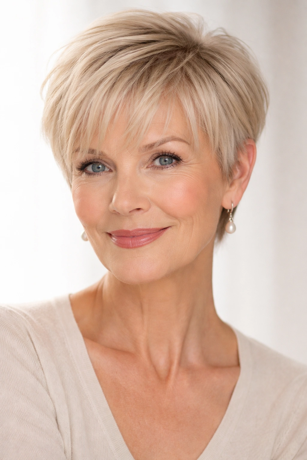 Older woman with soft blonde pixie and wispy bangs; close-up portrait