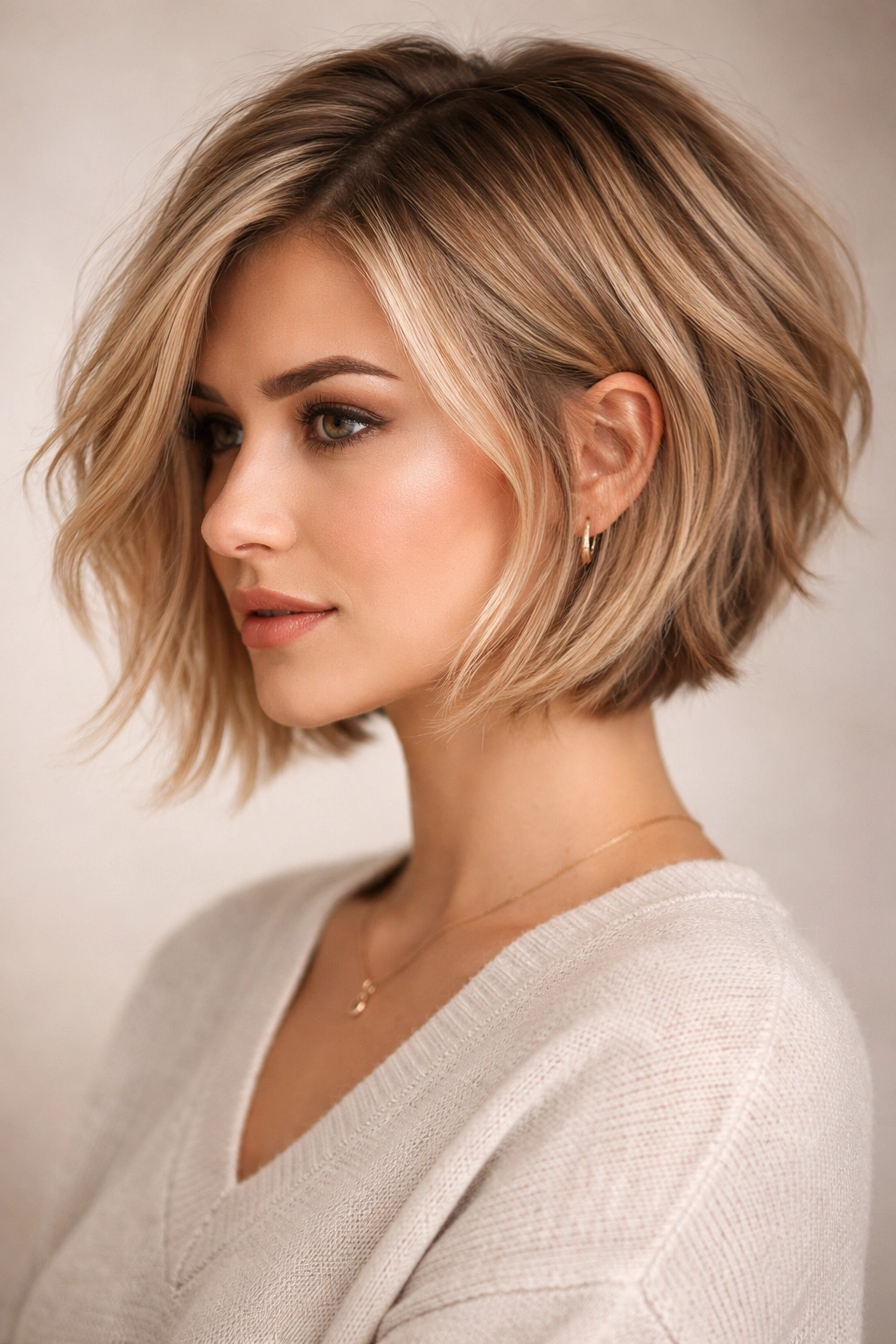 Close-up of a model's soft choppy bob with layered volume in studio lighting