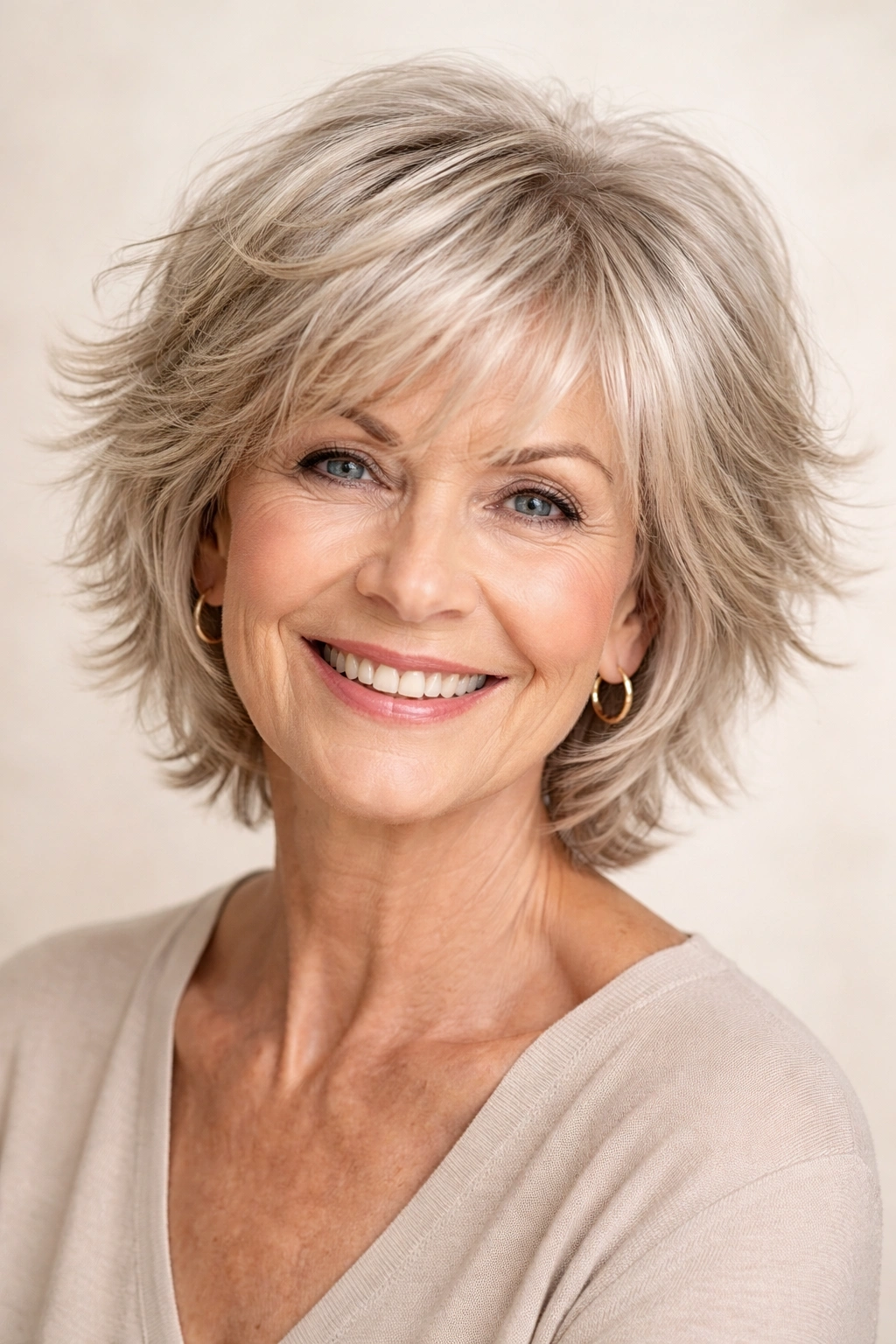 Soft, choppy layered hairstyle adding texture and movement