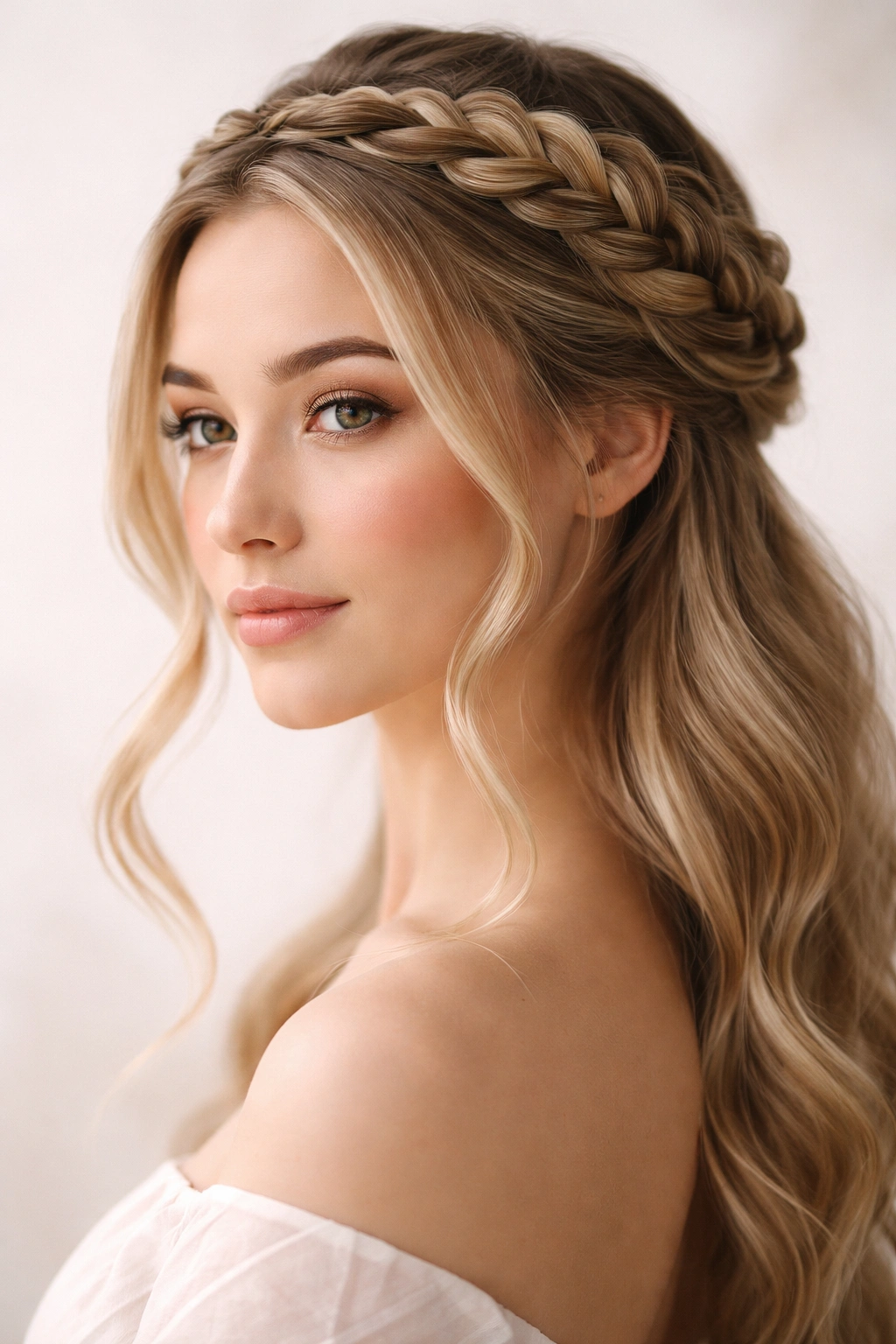 Close-up of a soft crown braid encircling the head like a halo