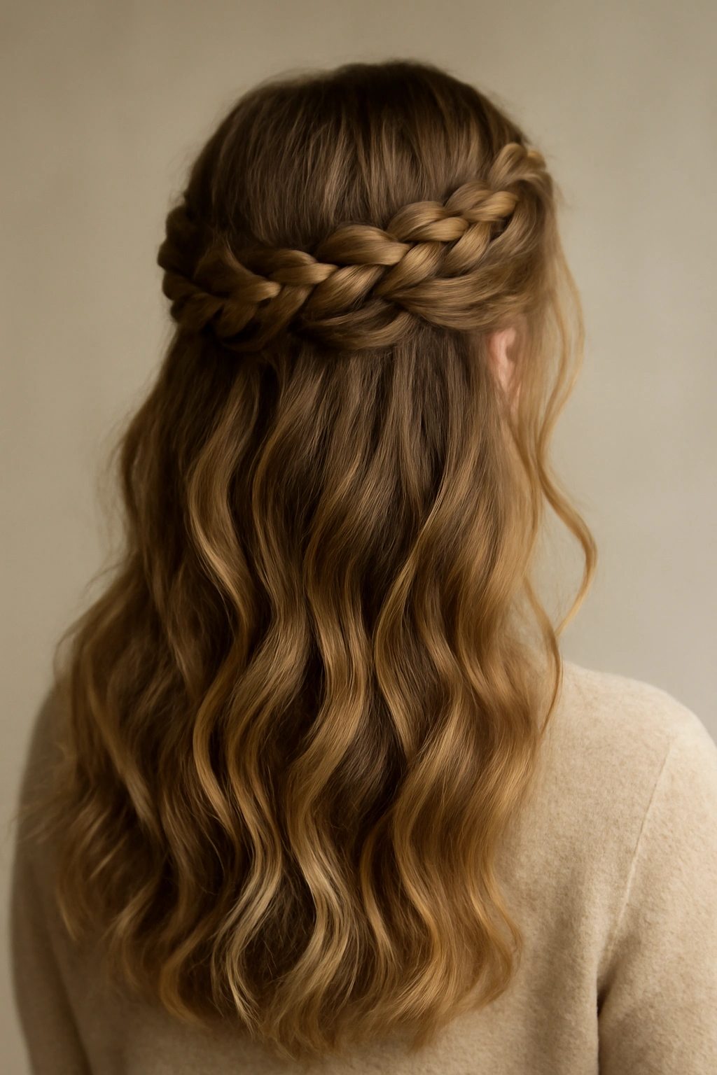 25 Effortless Long Hair Hairstyles Every Woman Needs 22 Crown braid encircling head with loose waves below