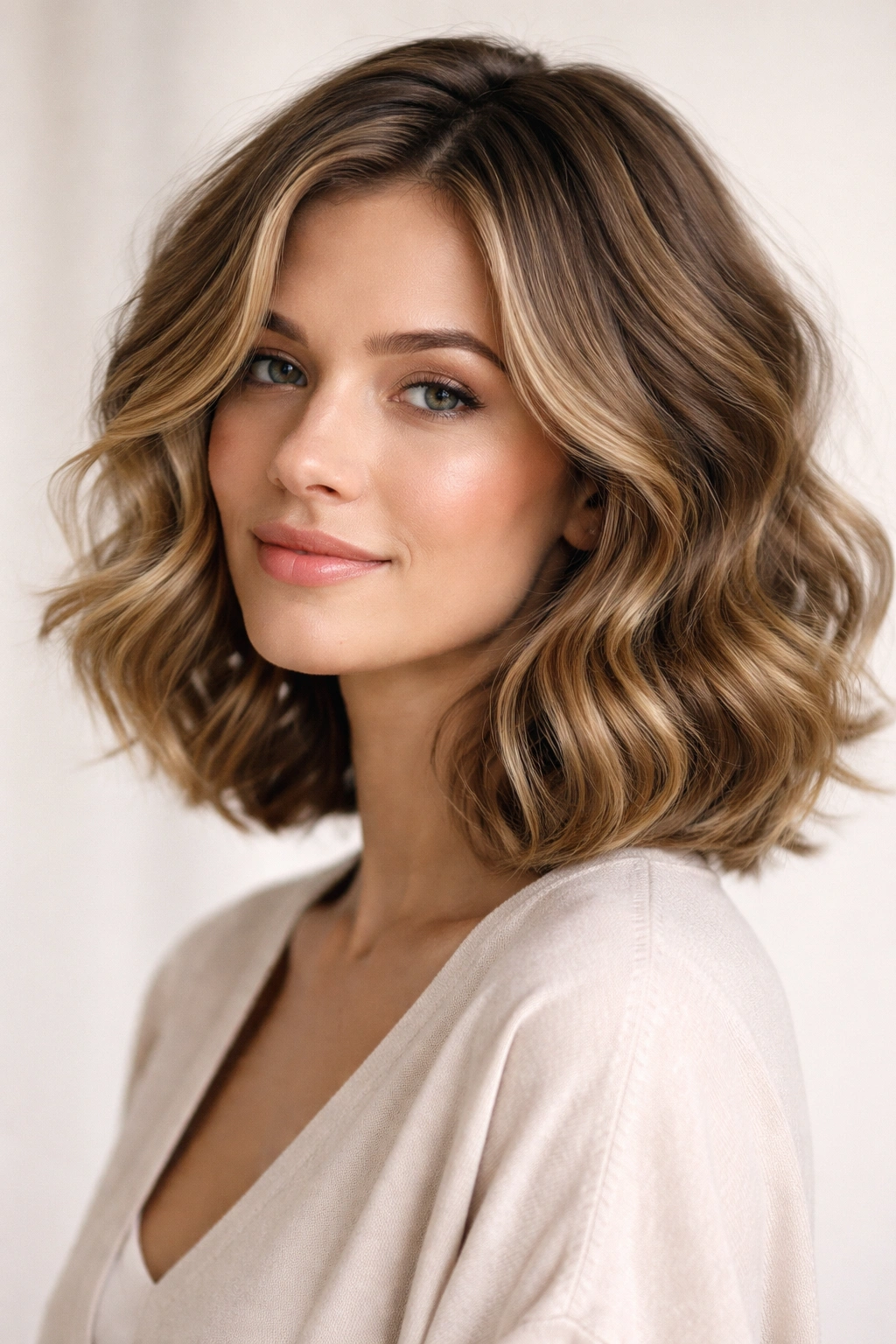 Close-up of a shoulder-length curly bob with soft curls and subtle layers