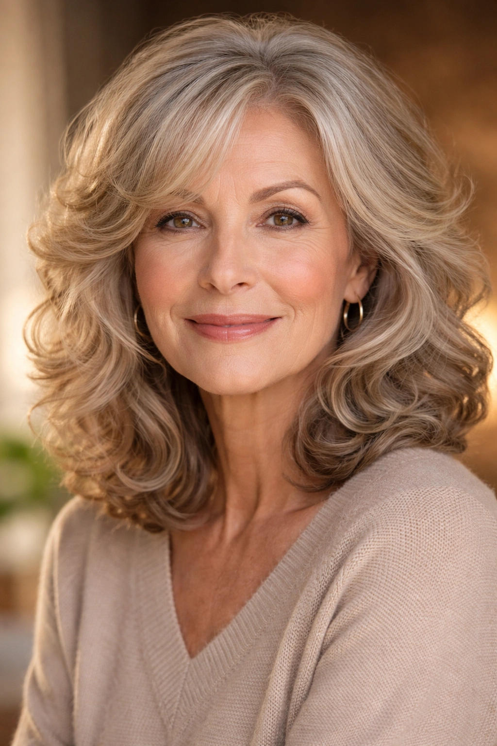Portrait of a woman with soft curls and face-framing layers around the face.