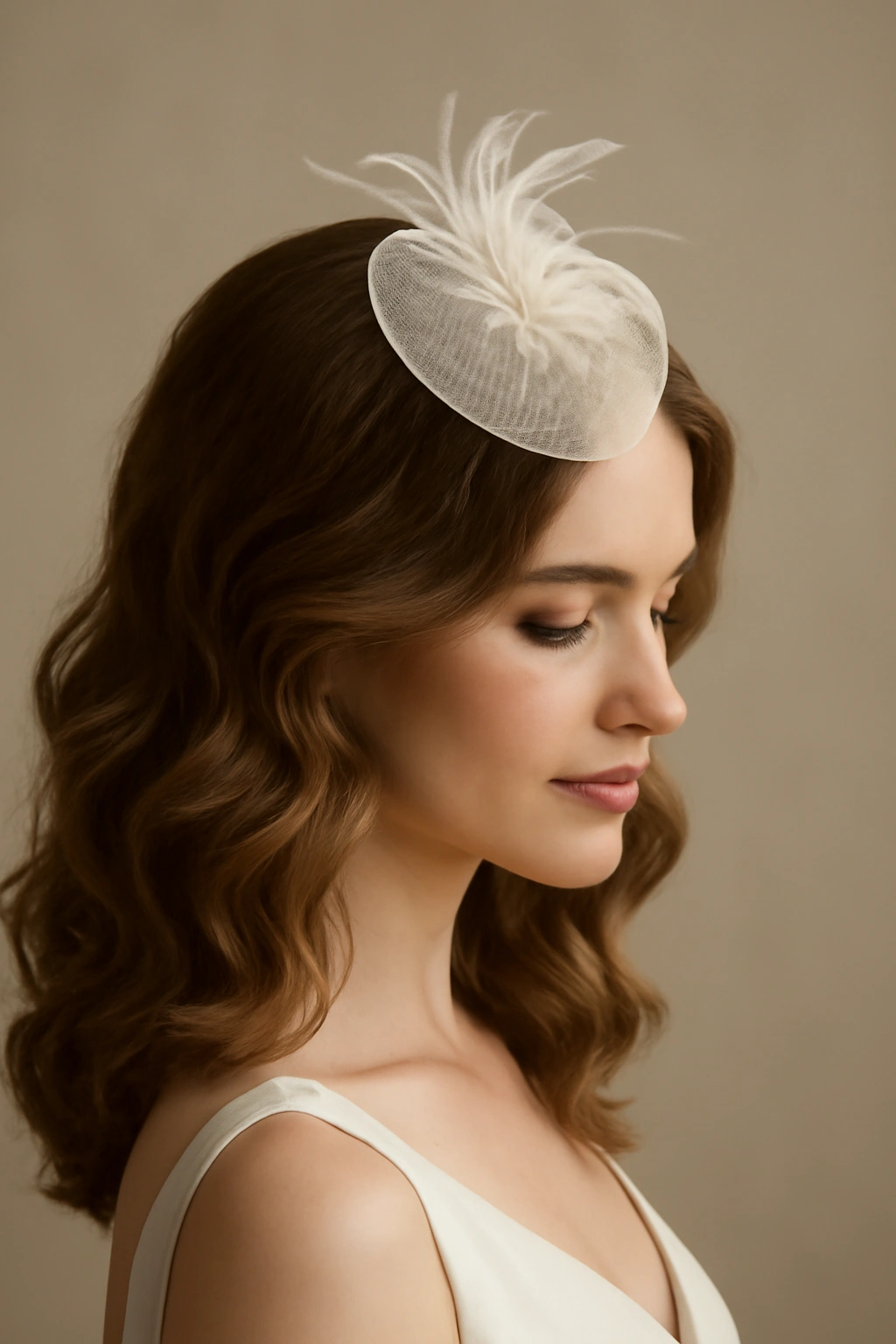 Soft curls with a delicate fascinator at temple height