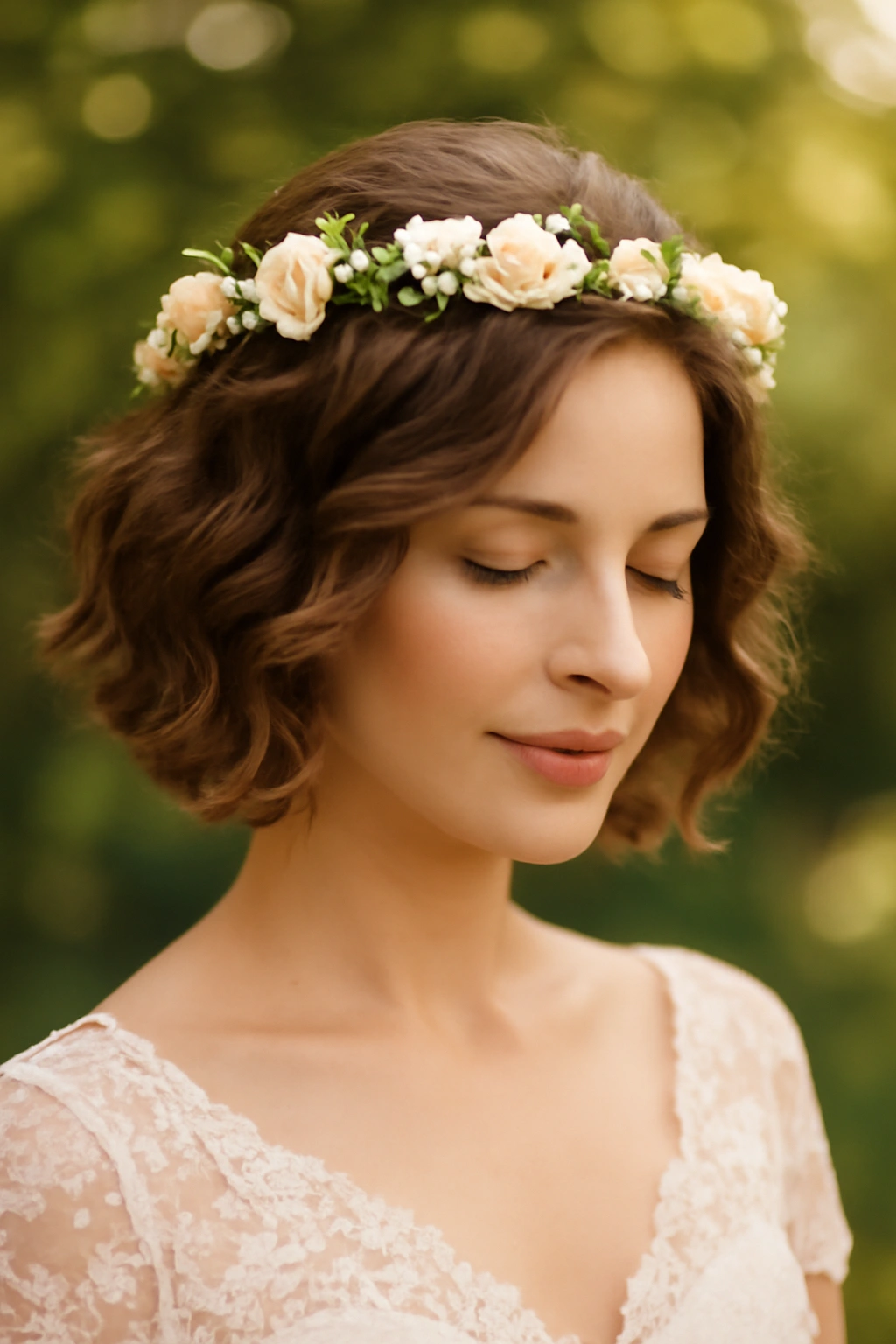 18 Wedding Hairstyles That Look Amazing on Short Hair 7 Close-up of short hair with soft curls and a delicate flower crown in a garden bridal setting