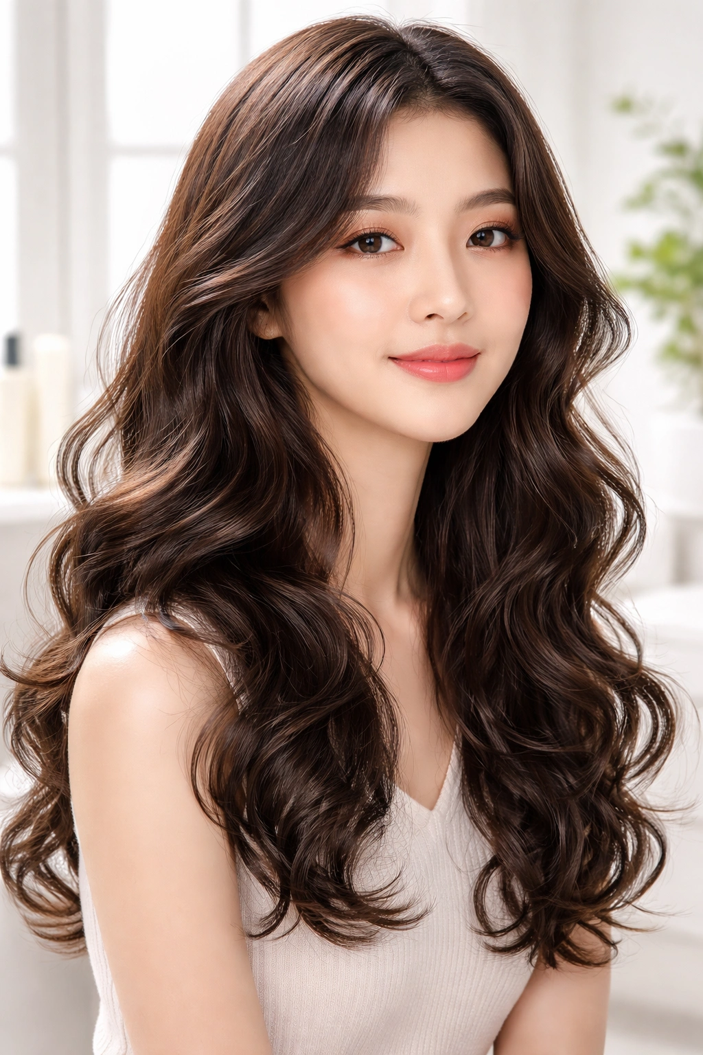Soft curls with natural wave and glossy finish