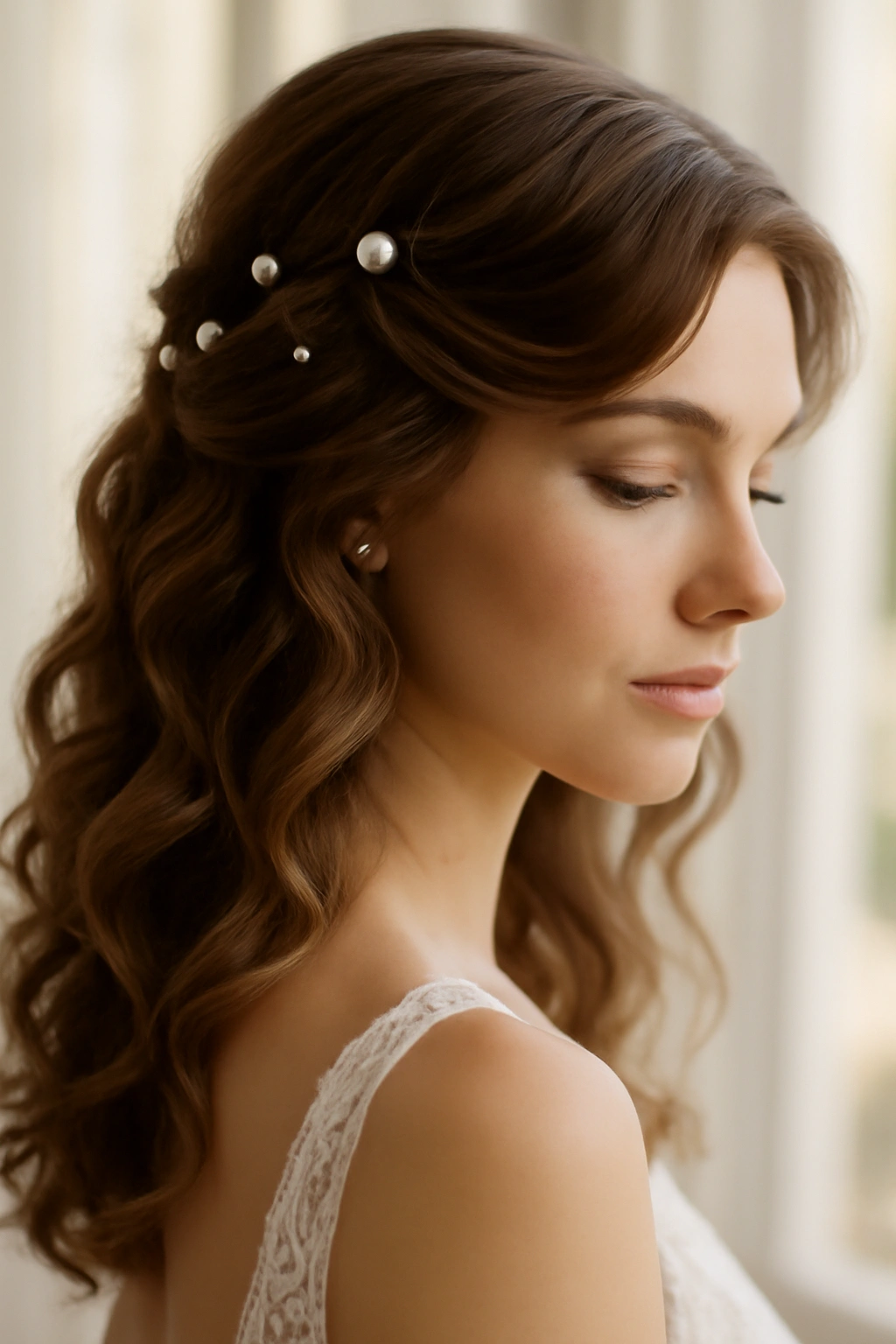 18 Wedding Styles From Polished Updos to Soft Waves 15 Soft, loose curls with pearl clips for a romantic bridal look