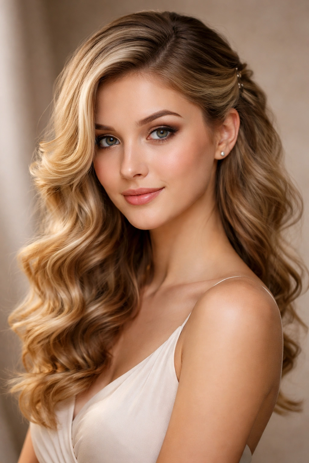 Soft curls swept to one side pinned with a subtle clip