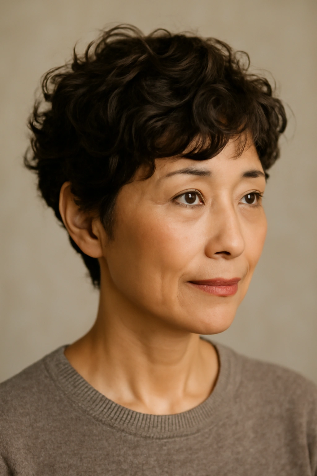 10 Short Haircuts for Asian Women Over 50 to Try 9 Close-up of a soft-curled pixie cut with natural texture and gentle volume.