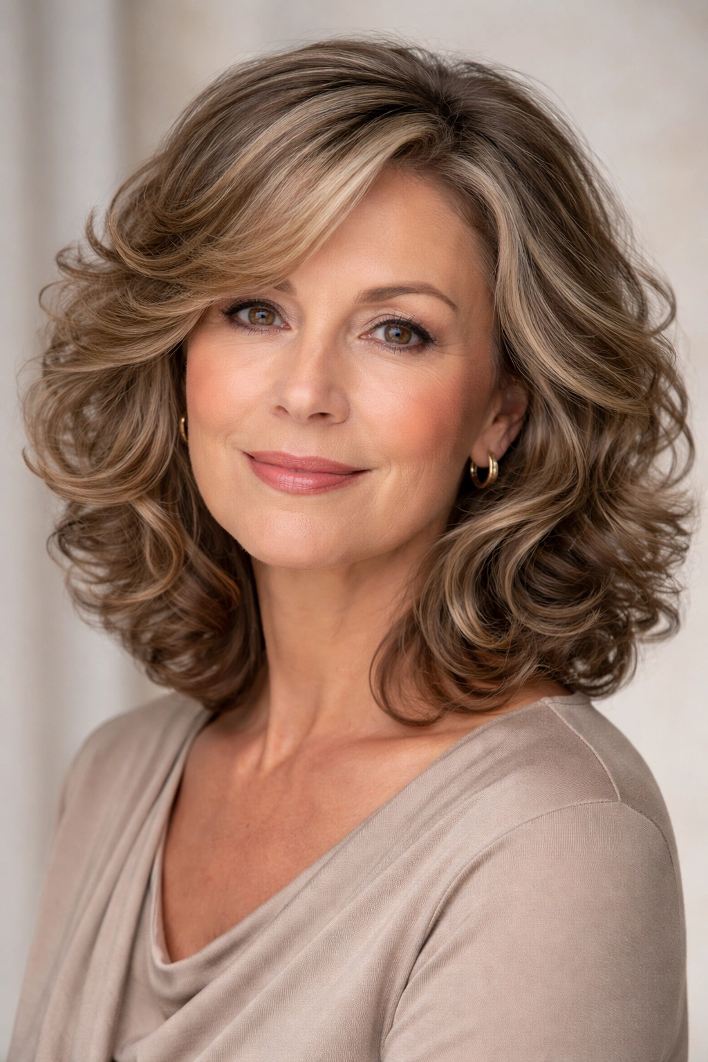 Mature woman with soft layered curls and side part with dimensional color