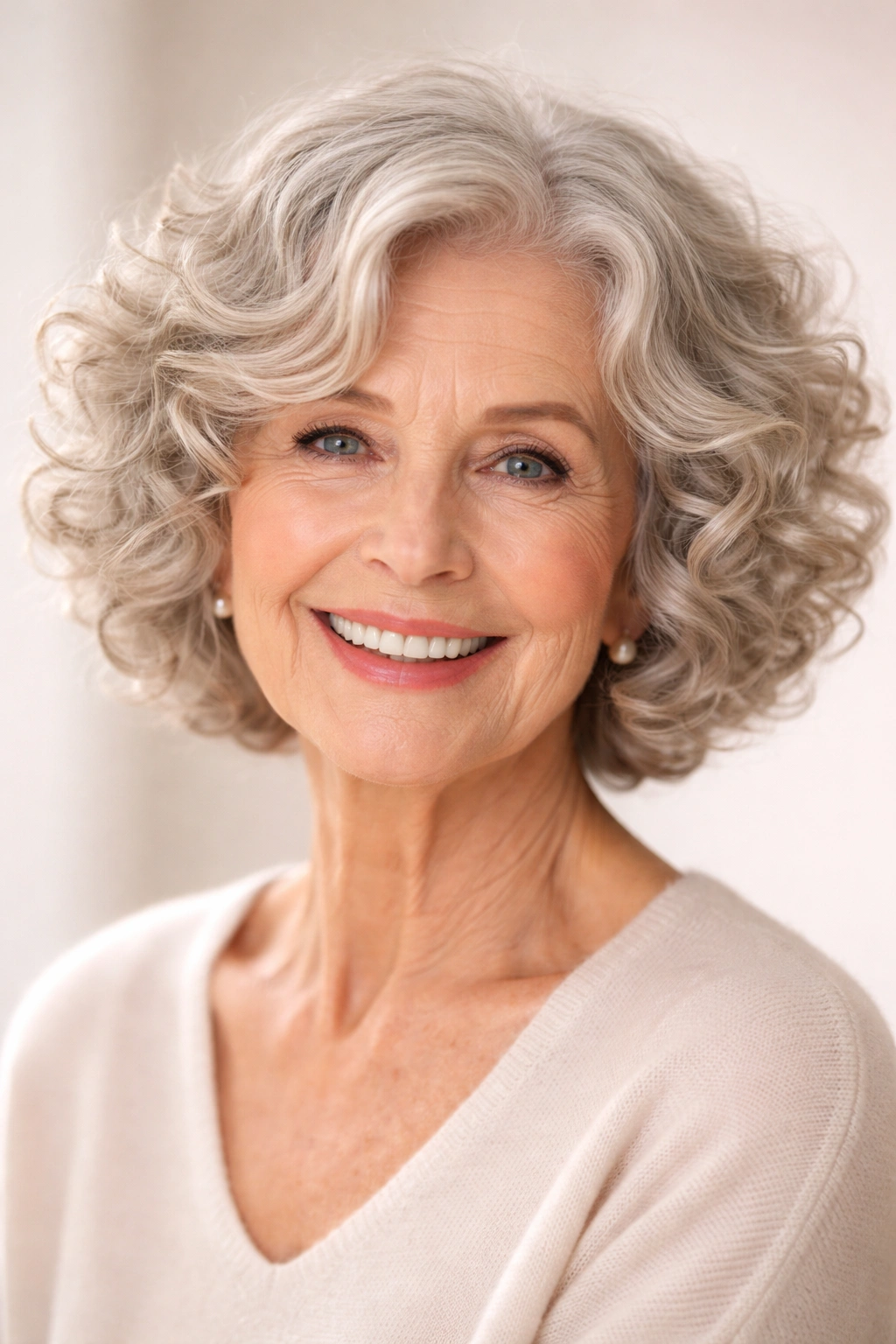 Close-up of a woman with a soft curly bob highlighting natural curls and bounce in studio lighting