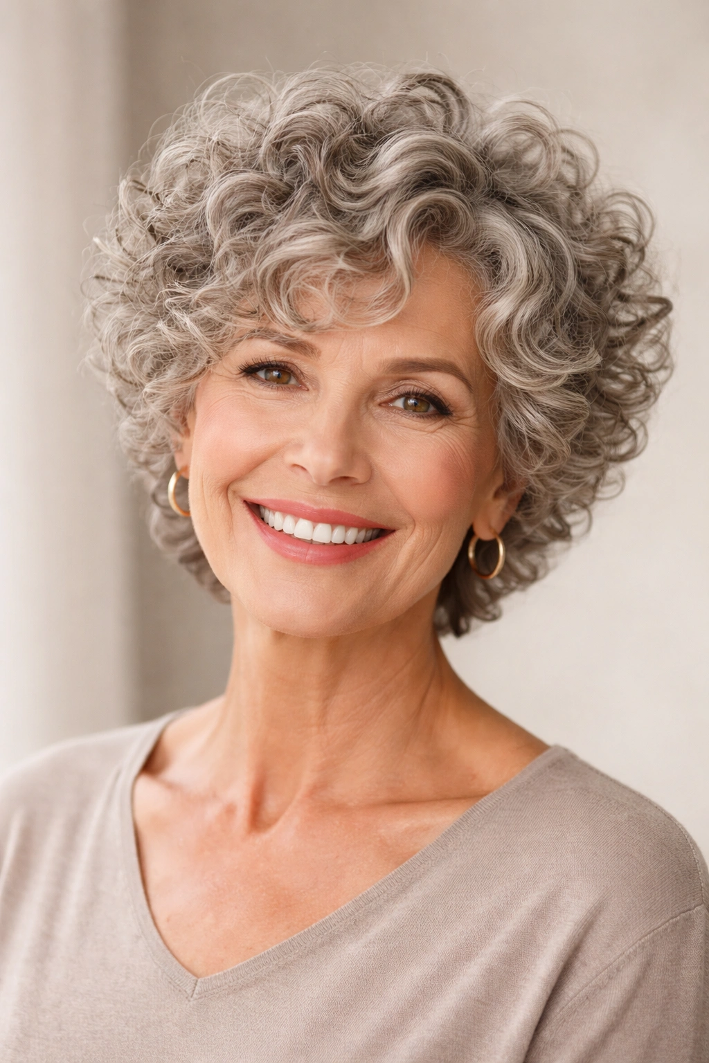 Thick curly hair in a soft cropped style with defined curls.