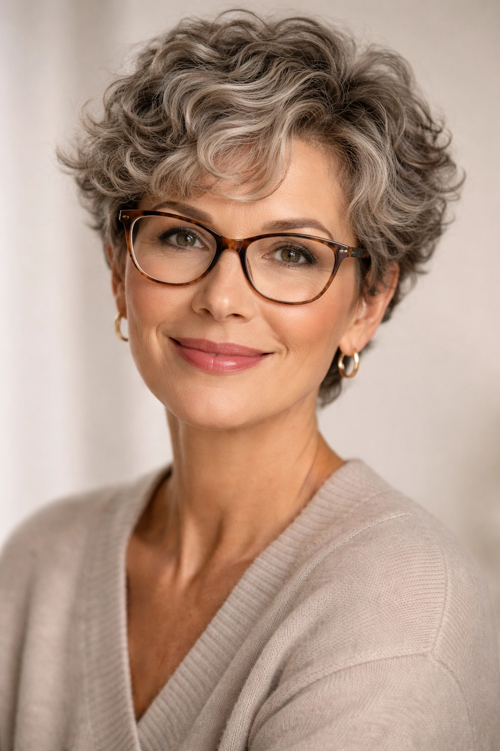 Close-up of a woman with soft curly pixie haircut and glasses in studio lighting