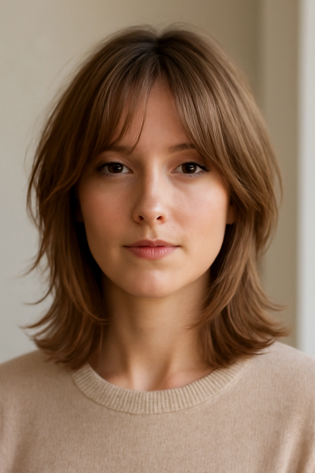 12 Short Layered Haircuts With Bangs That Actually Work 5 Soft curtain layers with curtain bangs framing the face