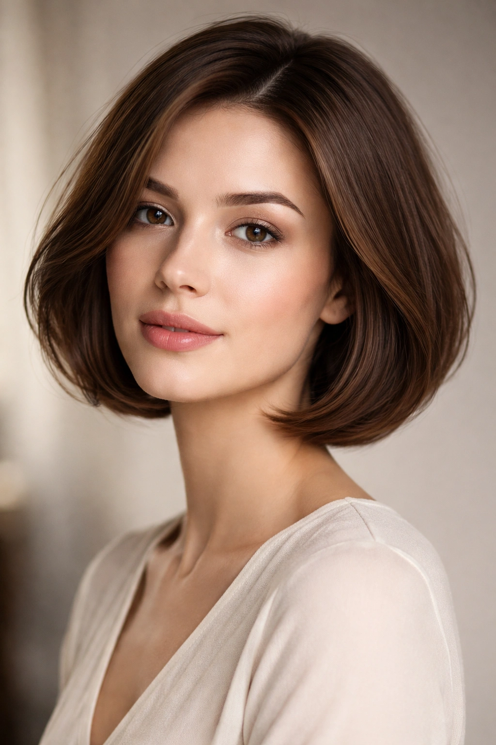 12 Chin Length Bobs That Suit Every Face Shape 5 Model wearing a softly curved bob with gentle inward curve and rounded sides