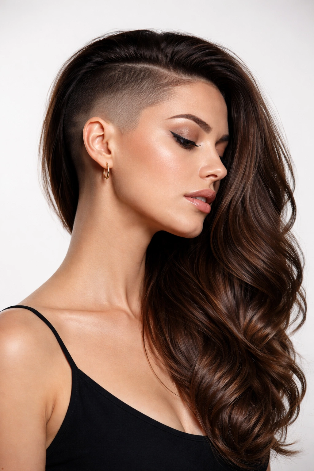 Profile of a woman with an almost invisible fade on shaved side and long sleek opposite side