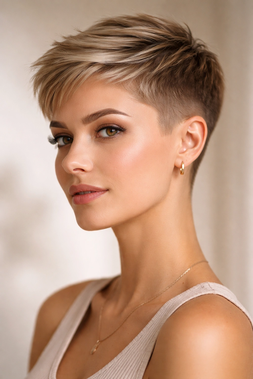 Close-up portrait of The Soft-Fade Pixie hairstyle with a gentle fade