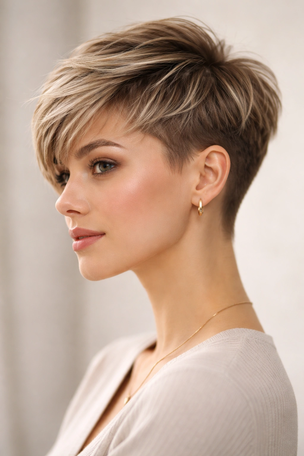 8 Undercut Pixie Styles From Soft To Sharp 1 Close-up of a soft feathered undercut pixie with wispy top layers and subtle fade