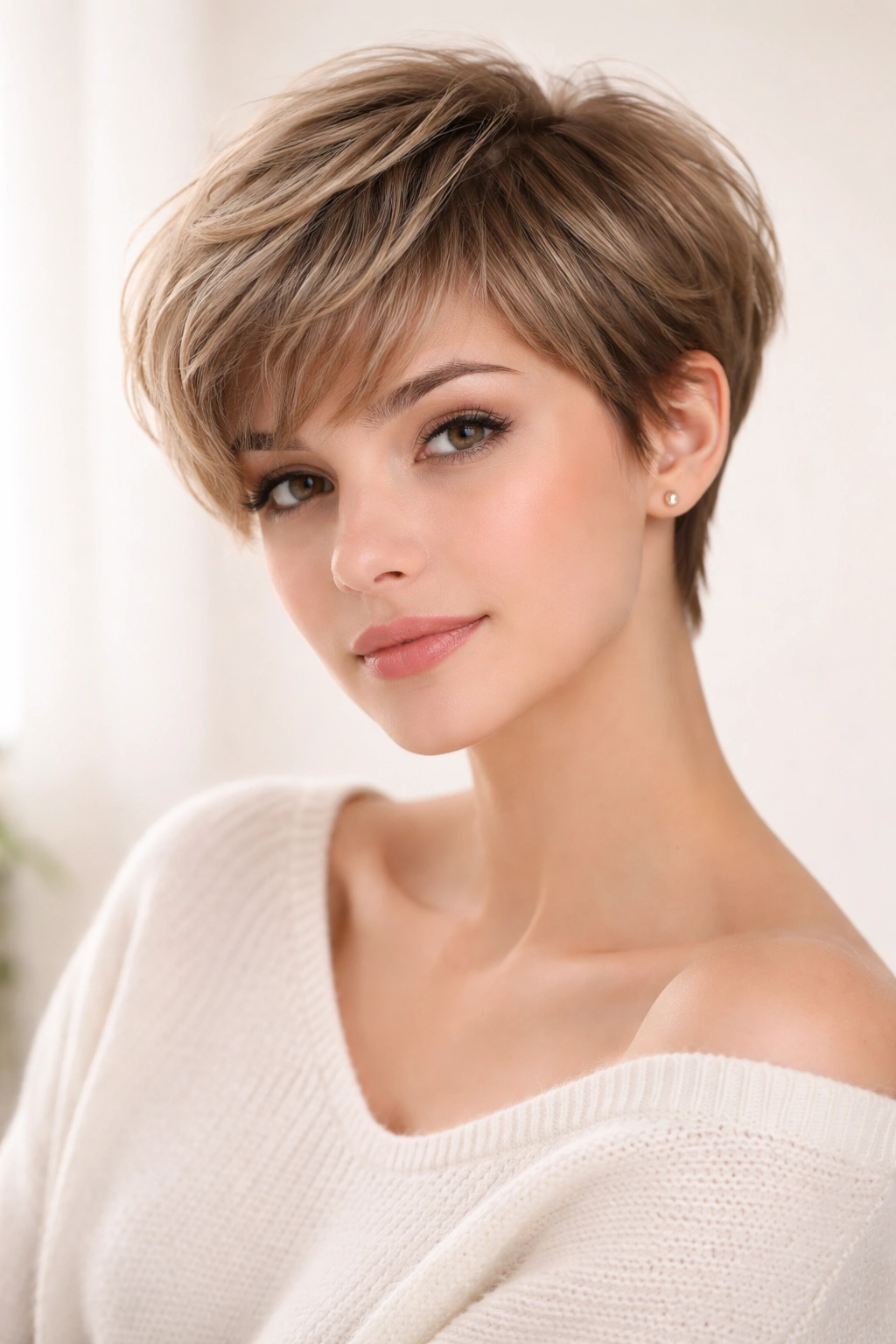 20 Short Pixie Haircuts That Practically Style 18 Portrait of a person with a soft feminine pixie featuring rounded layers and feathering