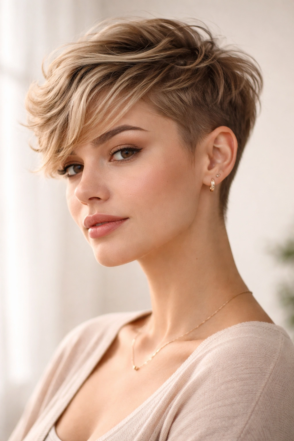 Soft feminine pixie with waves and subtle side shave