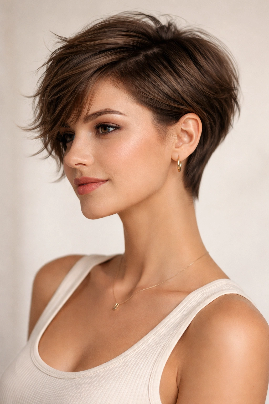 Portrait of a woman with soft feminine taper featuring wispy face-framing layers in a studio.