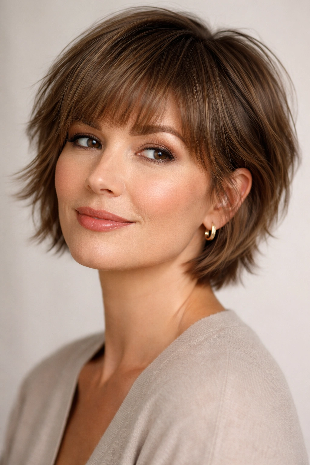 Portrait of a woman with a soft textured fringe just above the eyebrows and layered sides.