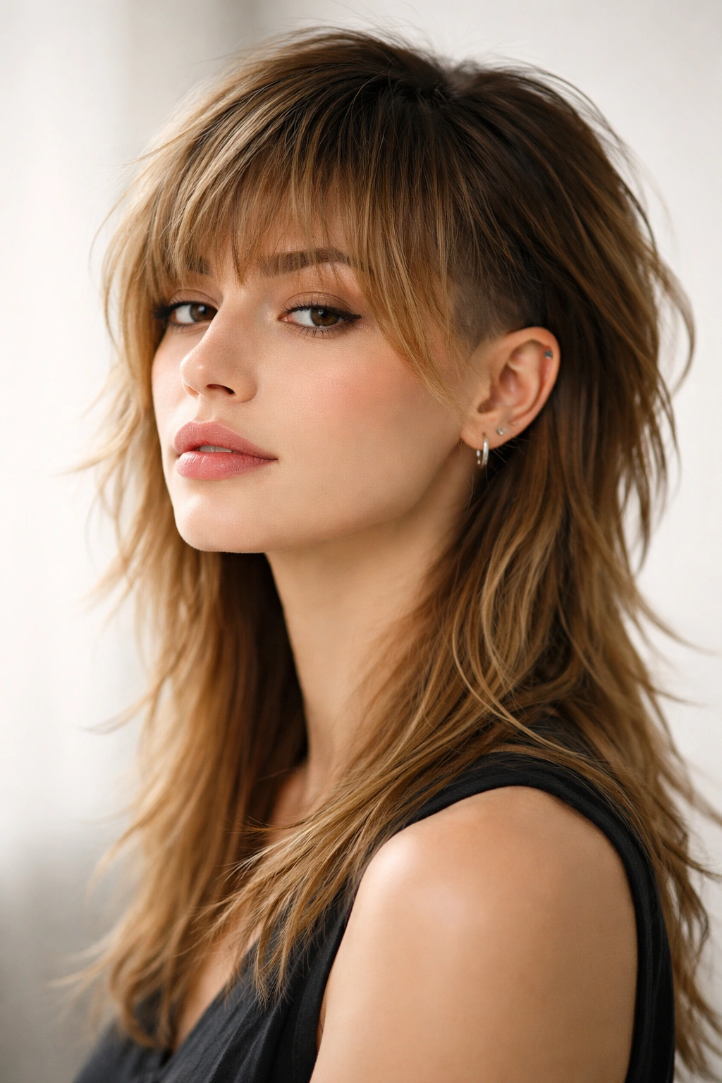 12 Mullet Undercut Styles For Bold Women To Try 8 Portrait showing a soft fringe mullet undercut framing the face with delicate fringe texture.