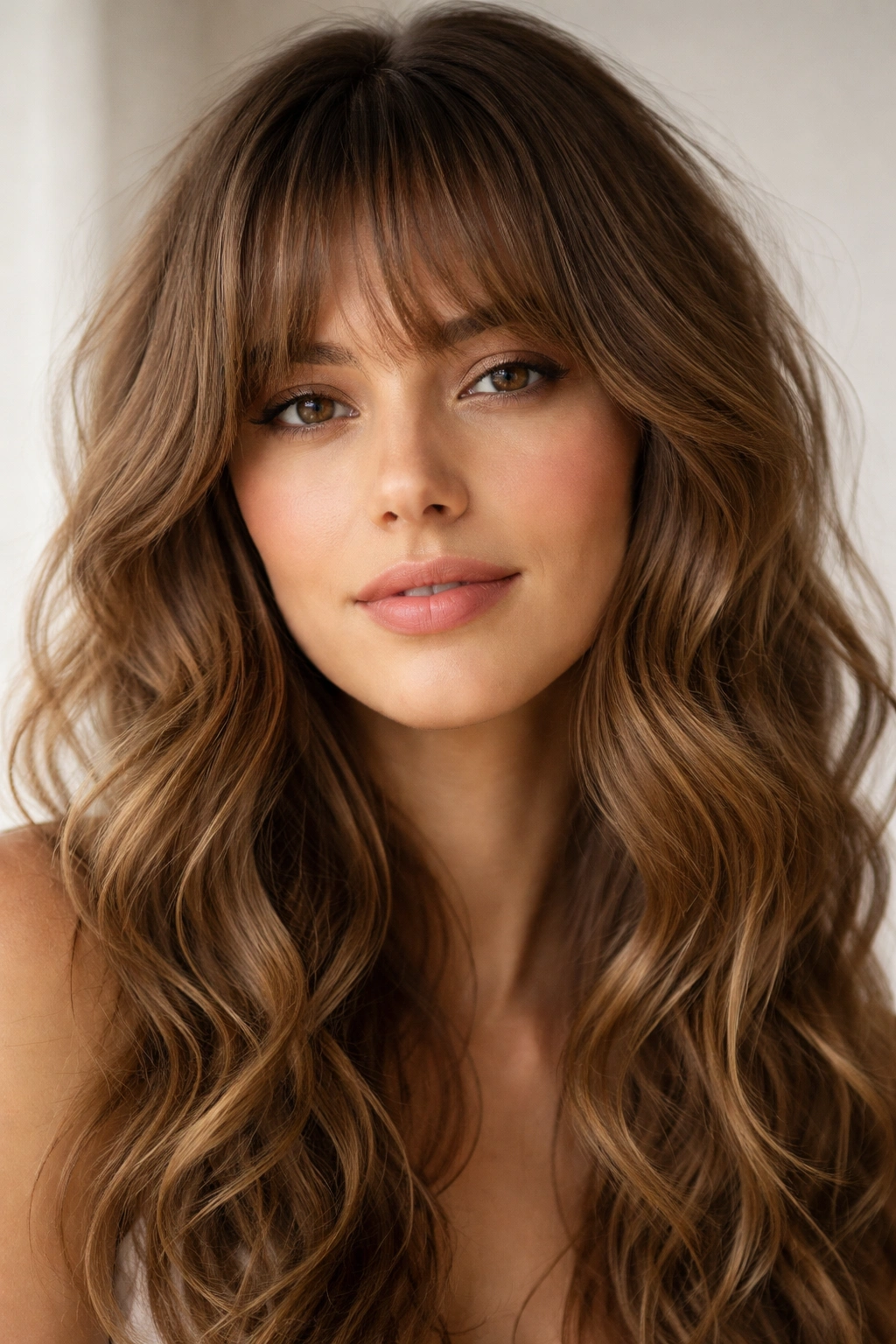 12 Curly Bang Haircuts For Every Type Of Curl 1 Close-up of soft fringe bangs blending into loose waves on a hair model