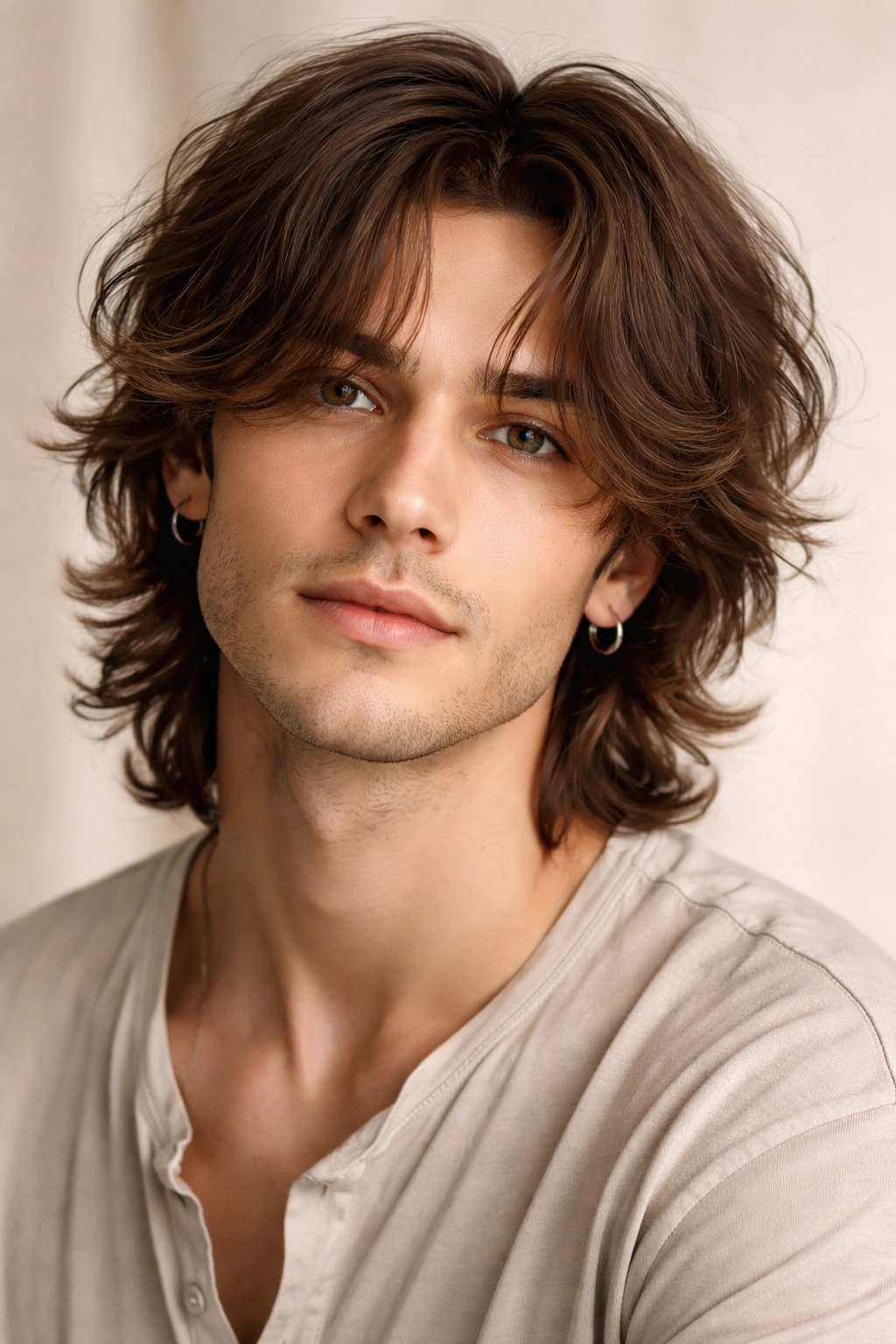 Male model with soft mid-length waves showing masculine-feminine blend hairstyle