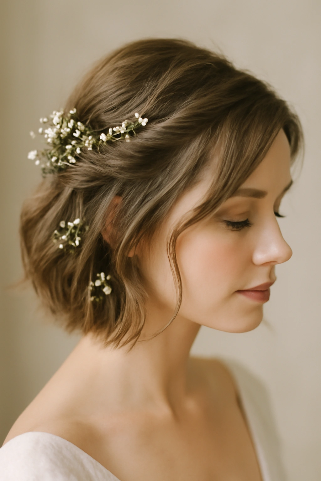 15 Wedding Hairstyles That Look Great on Short Hair 11 Soft half-up with scattered baby's breath on short hair.