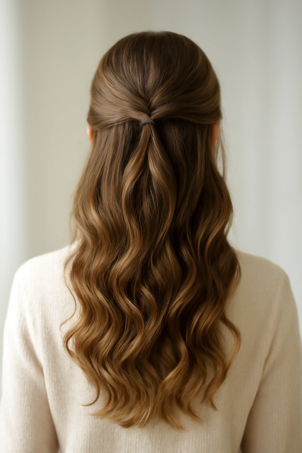 Back view of soft half-up with curls