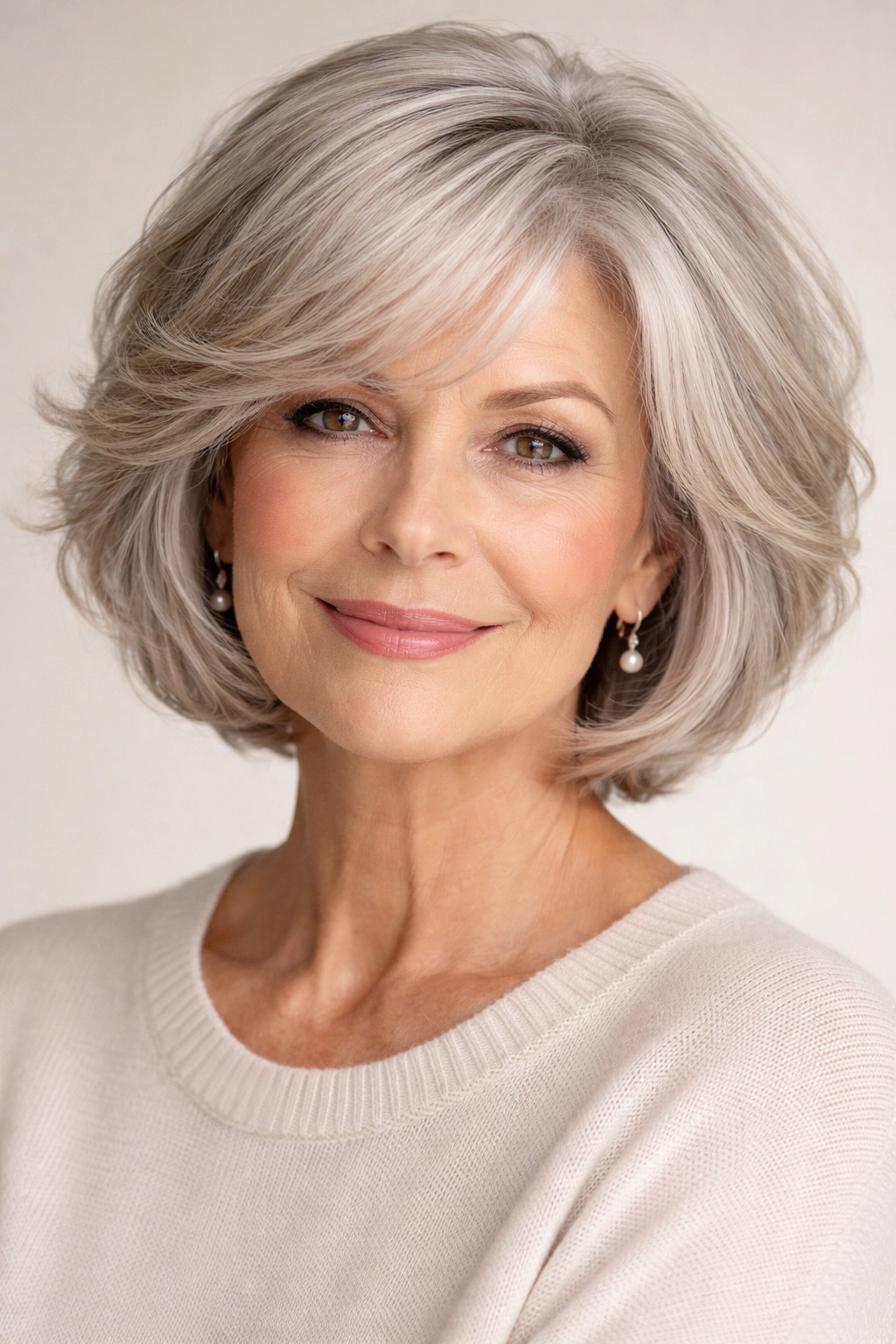 Older woman with soft layered bob in studio portrait.