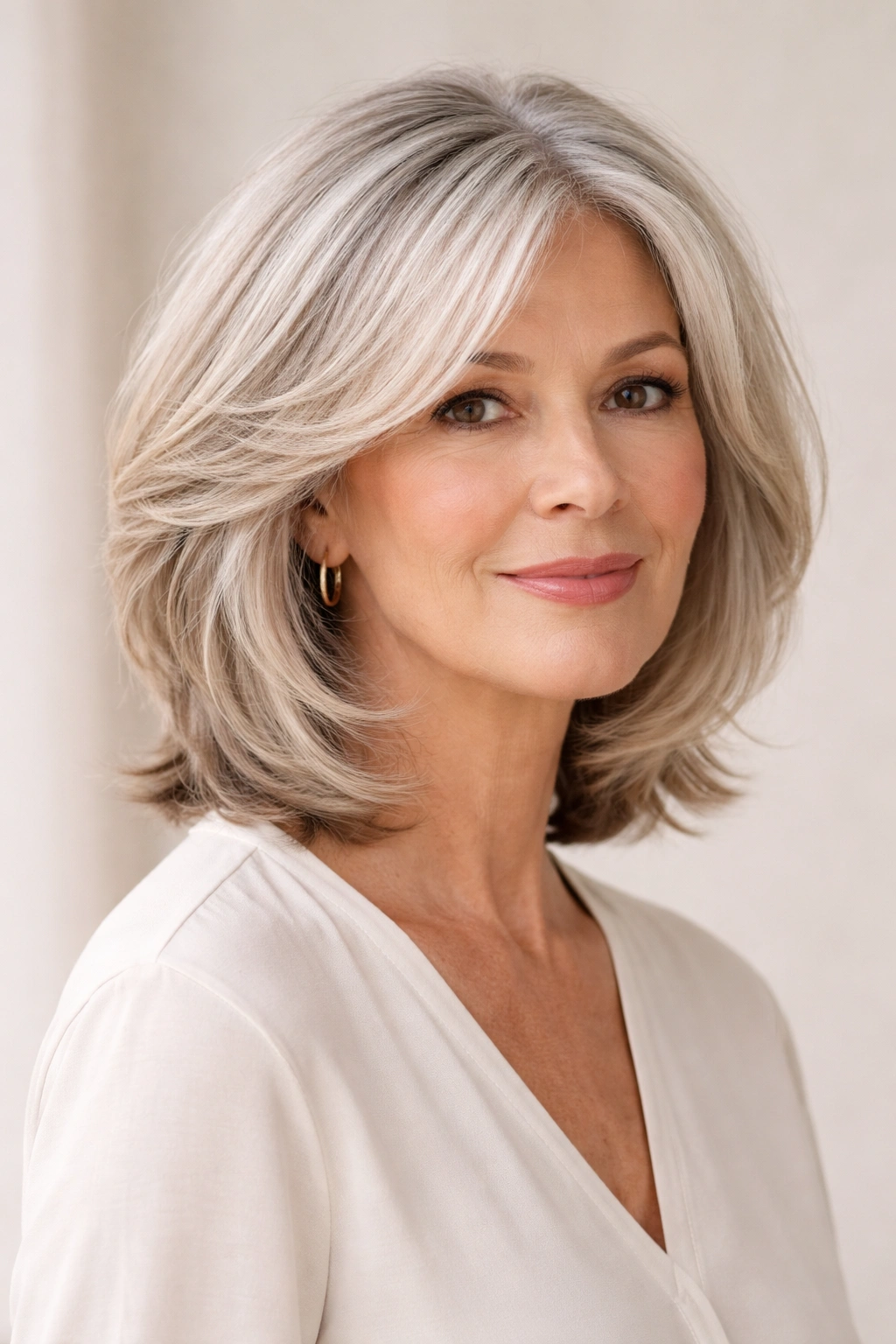 Model wearing a soft layered medium-length bob with gentle face-framing layers