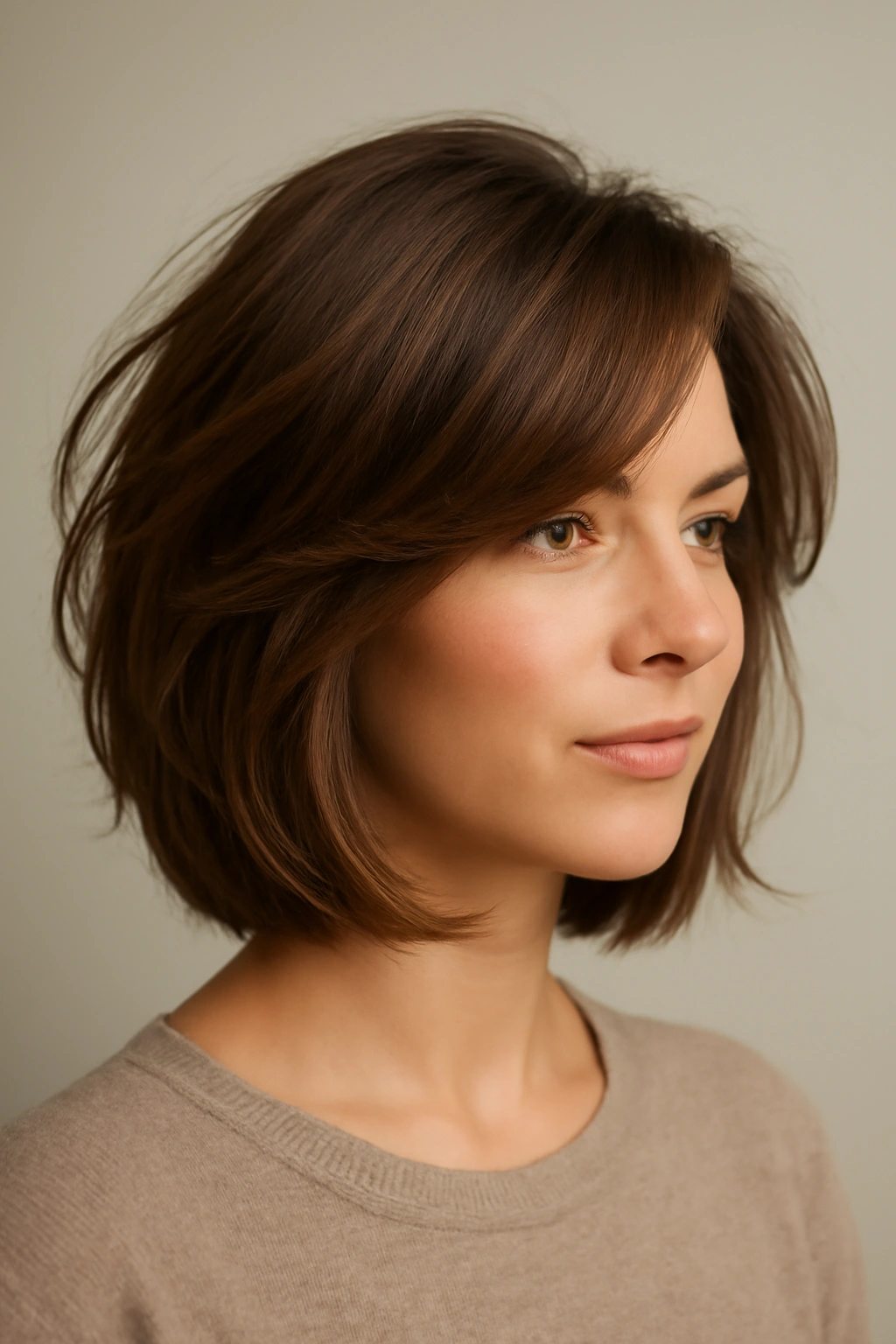 12 Cuts That Hit Right Above the Shoulders (And Look So Good) 8 Head-and-shoulders portrait of a model wearing a soft layered bob with gentle movement and subtle dimension.