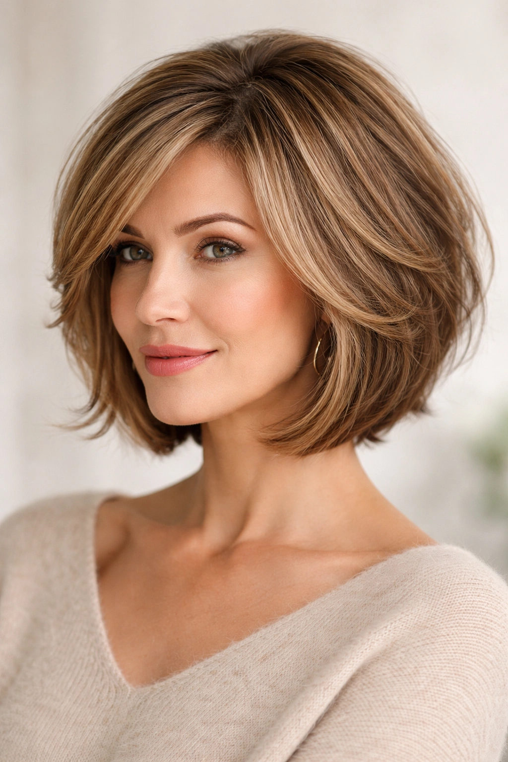 Soft layered bob with caramel balayage highlighting