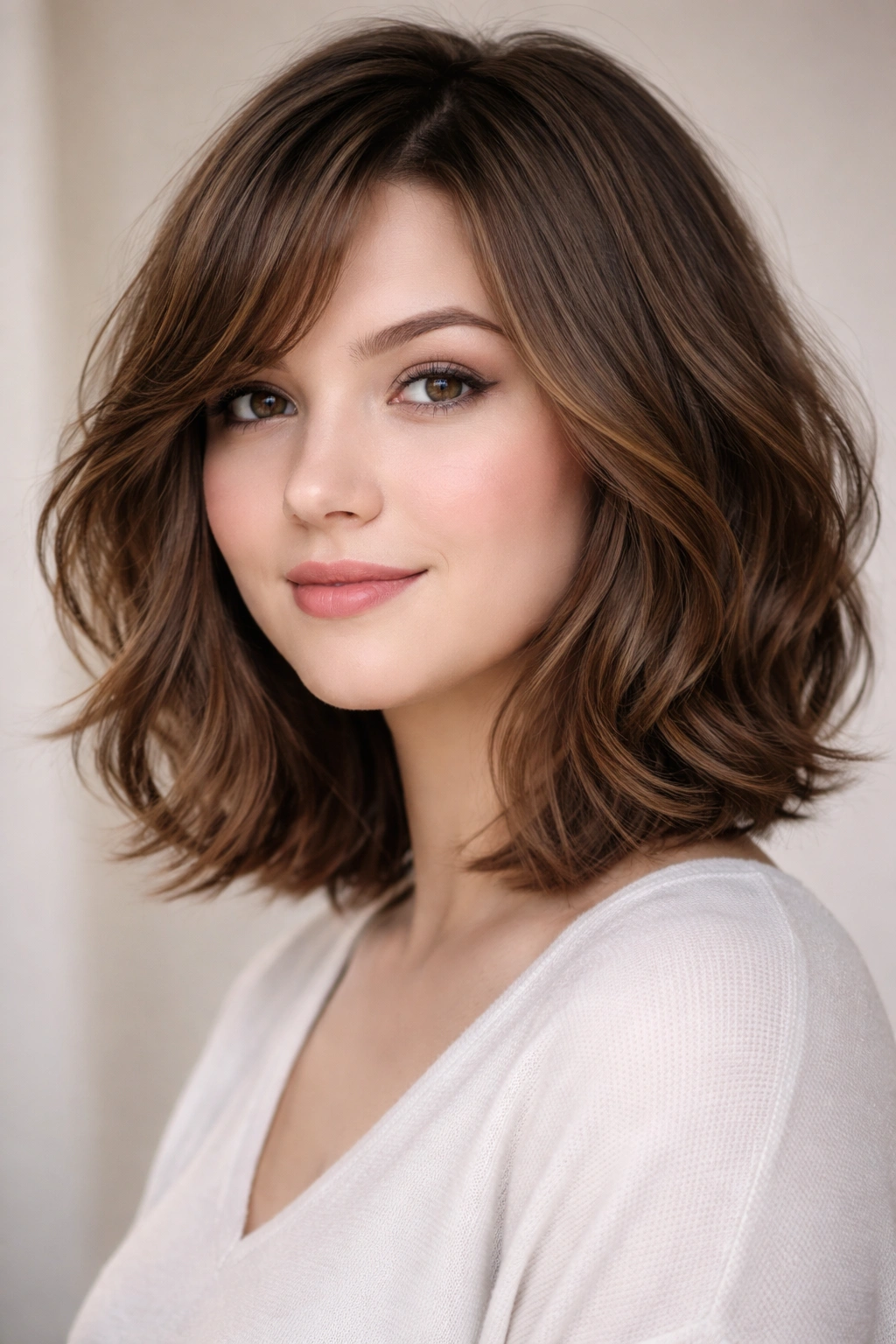 25 Bob Cuts Matched To Your Face Shape And Hair 15 Round-faced model with a softly layered bob and medium wavy hair