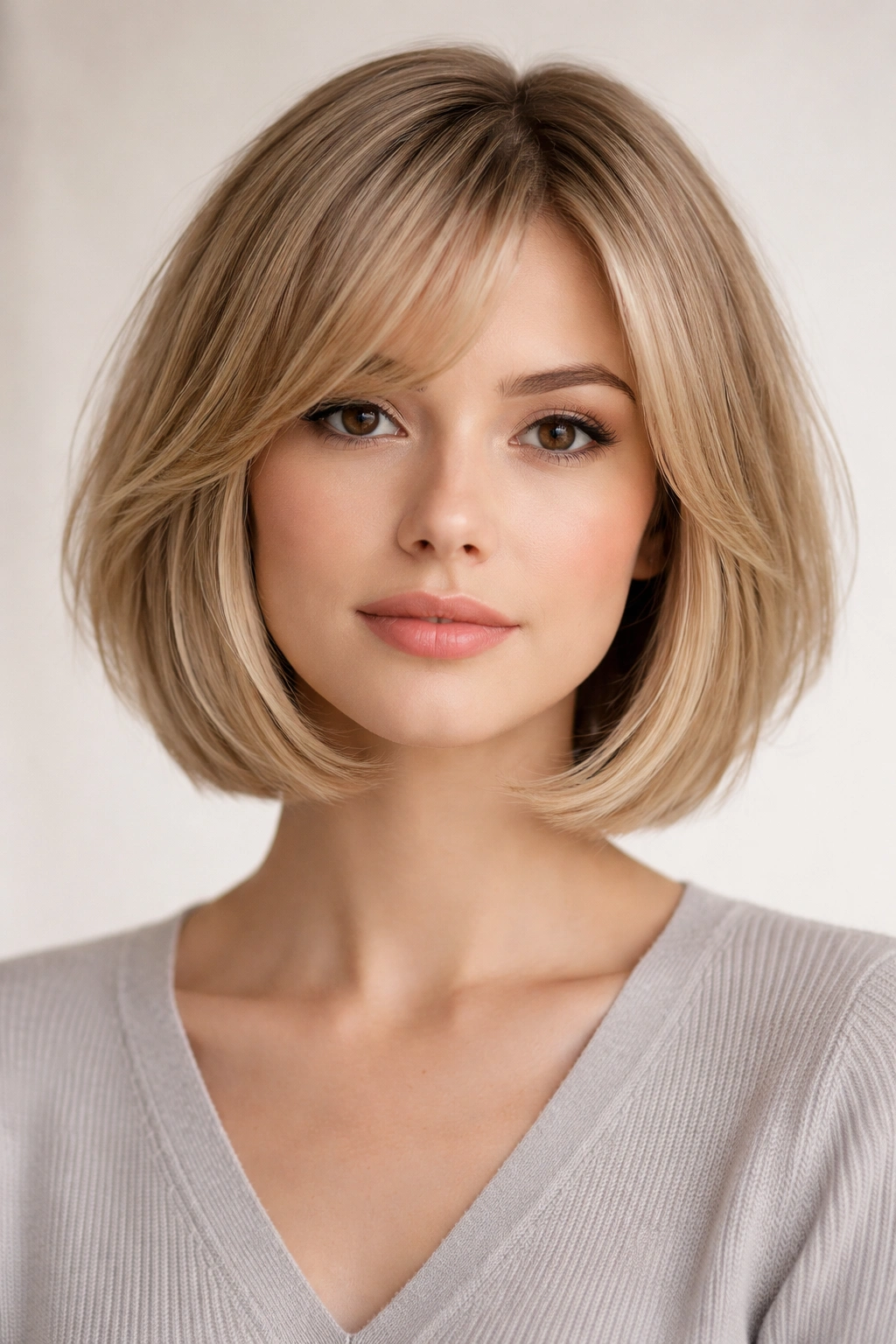 Front view of soft-layered chin-length bob with blended layers