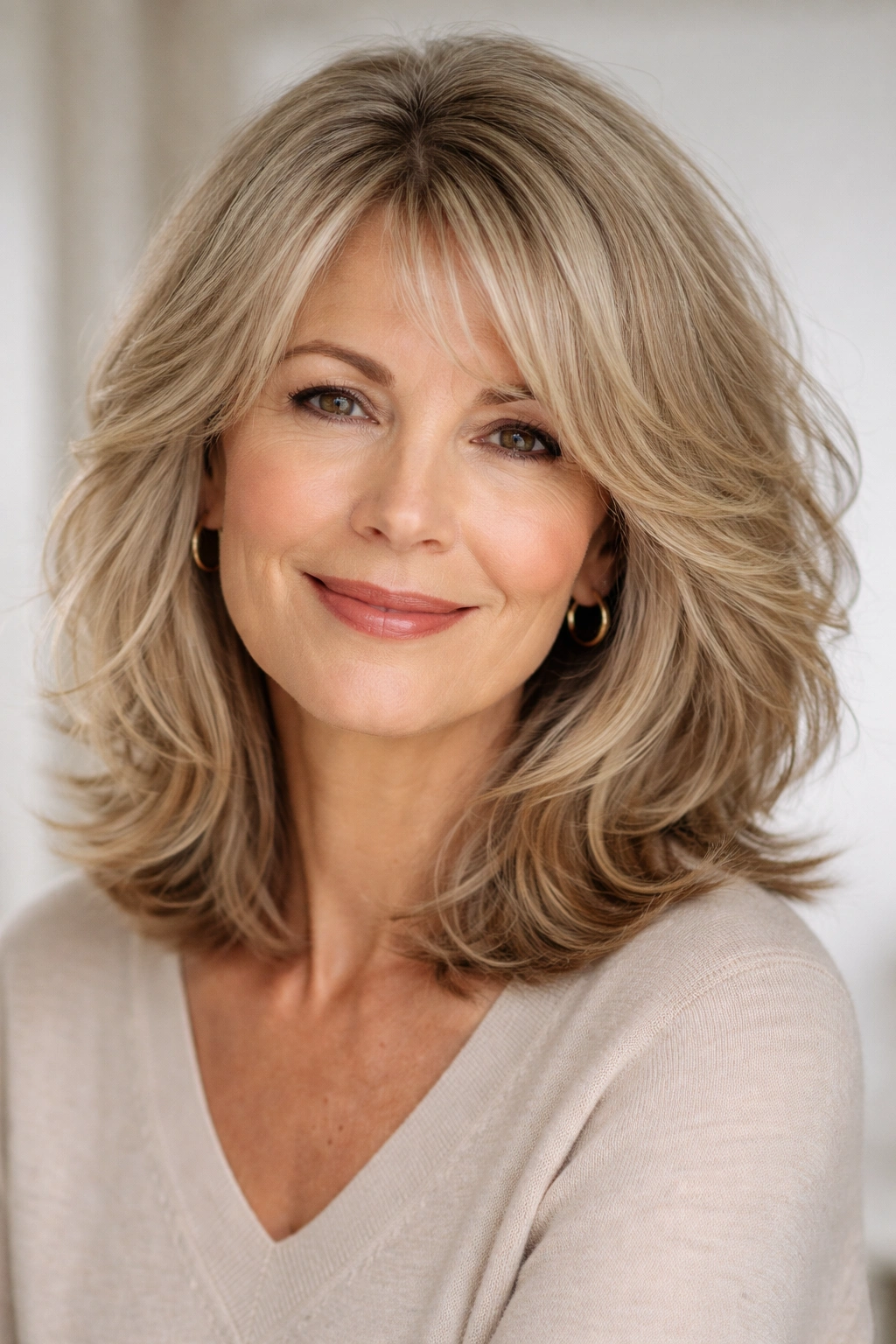Close-up of woman with soft, layered shoulder-length hair showing natural movement
