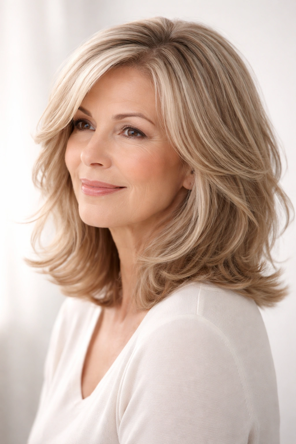 Woman in soft layered long bob captured with movement.