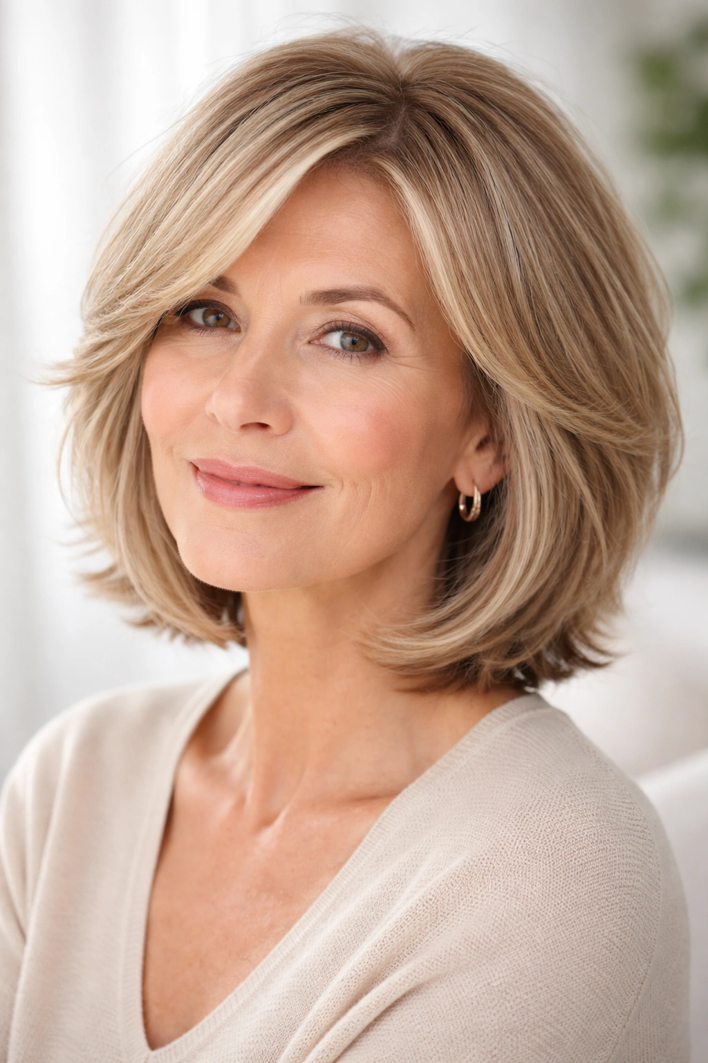 Soft layered chin-length lob with subtle texture and natural movement
