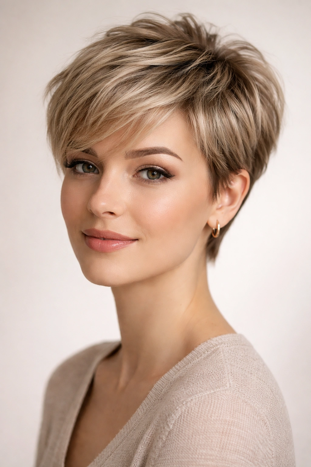 Close-up of a soft layered pixie adding volume to fine hair