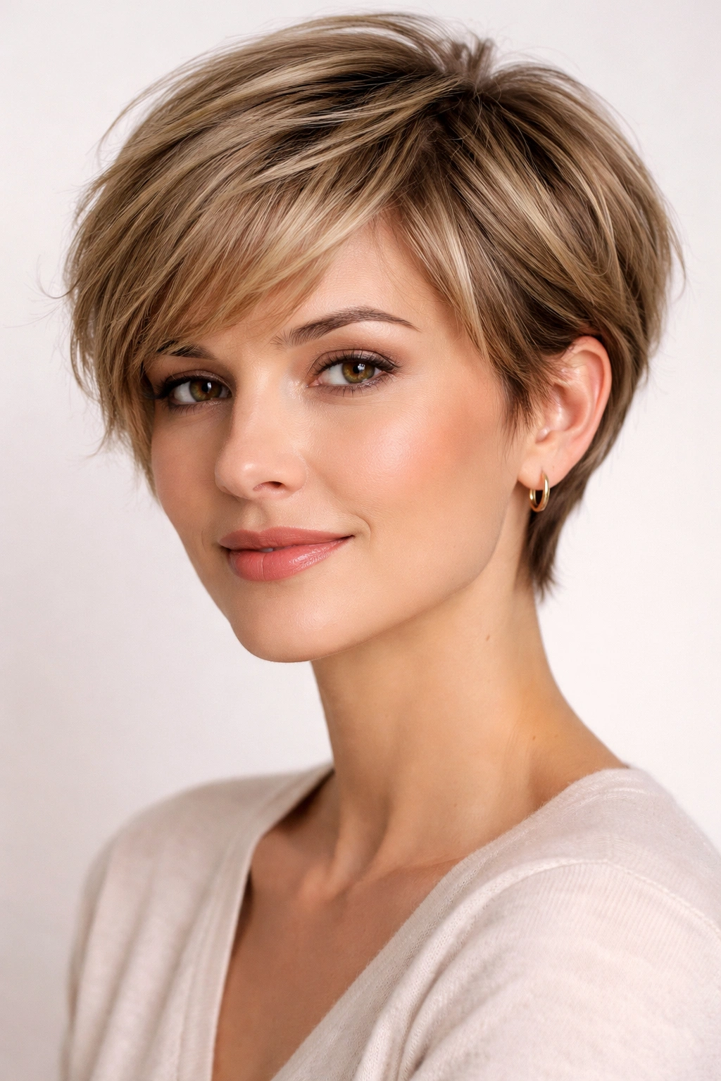 Soft layered pixie hairstyle with gentle, blended layers.