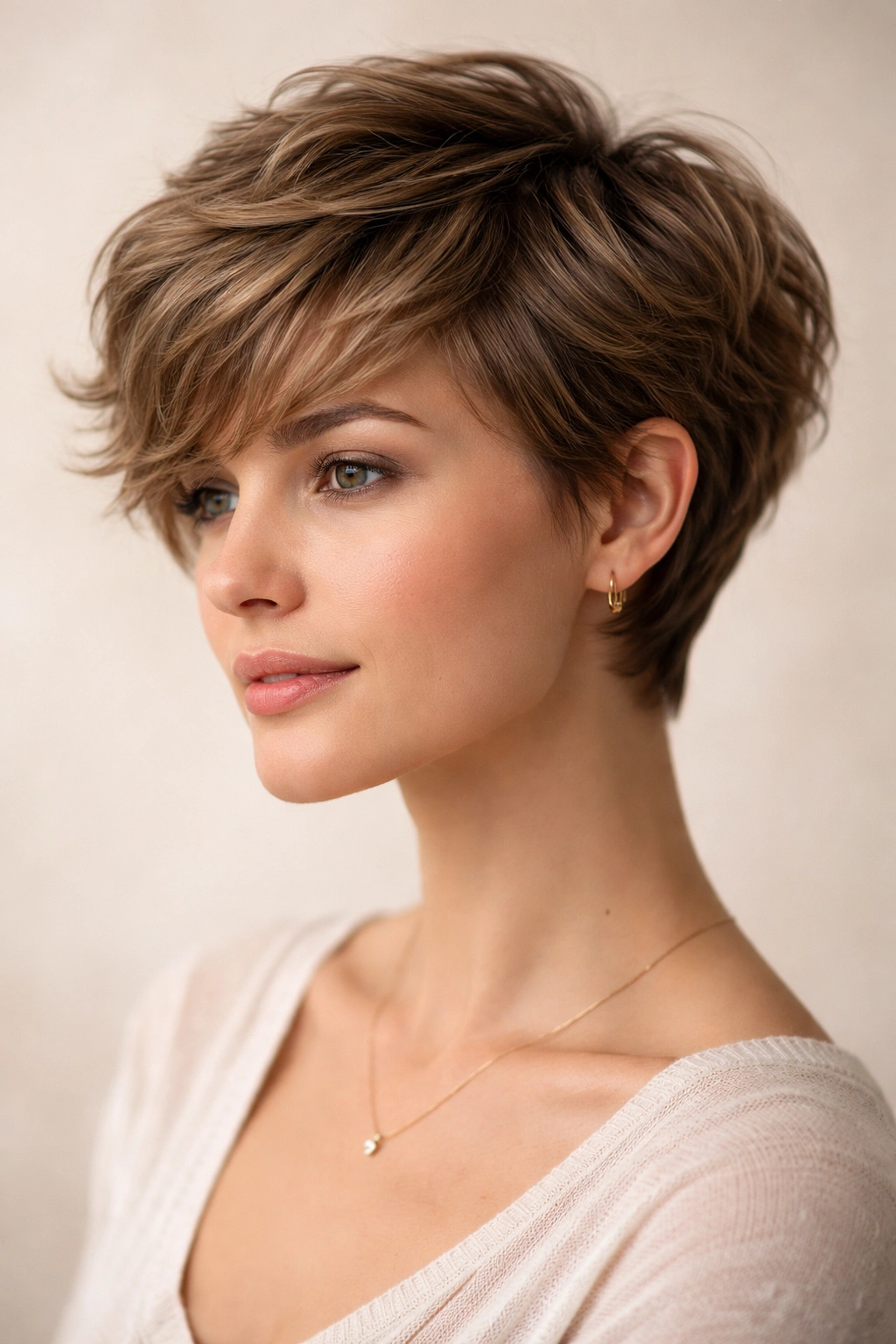 10 Wavy Pixie Cuts That Almost Style Themselves 8 Portrait of a soft layered pixie with gentle length and natural waves