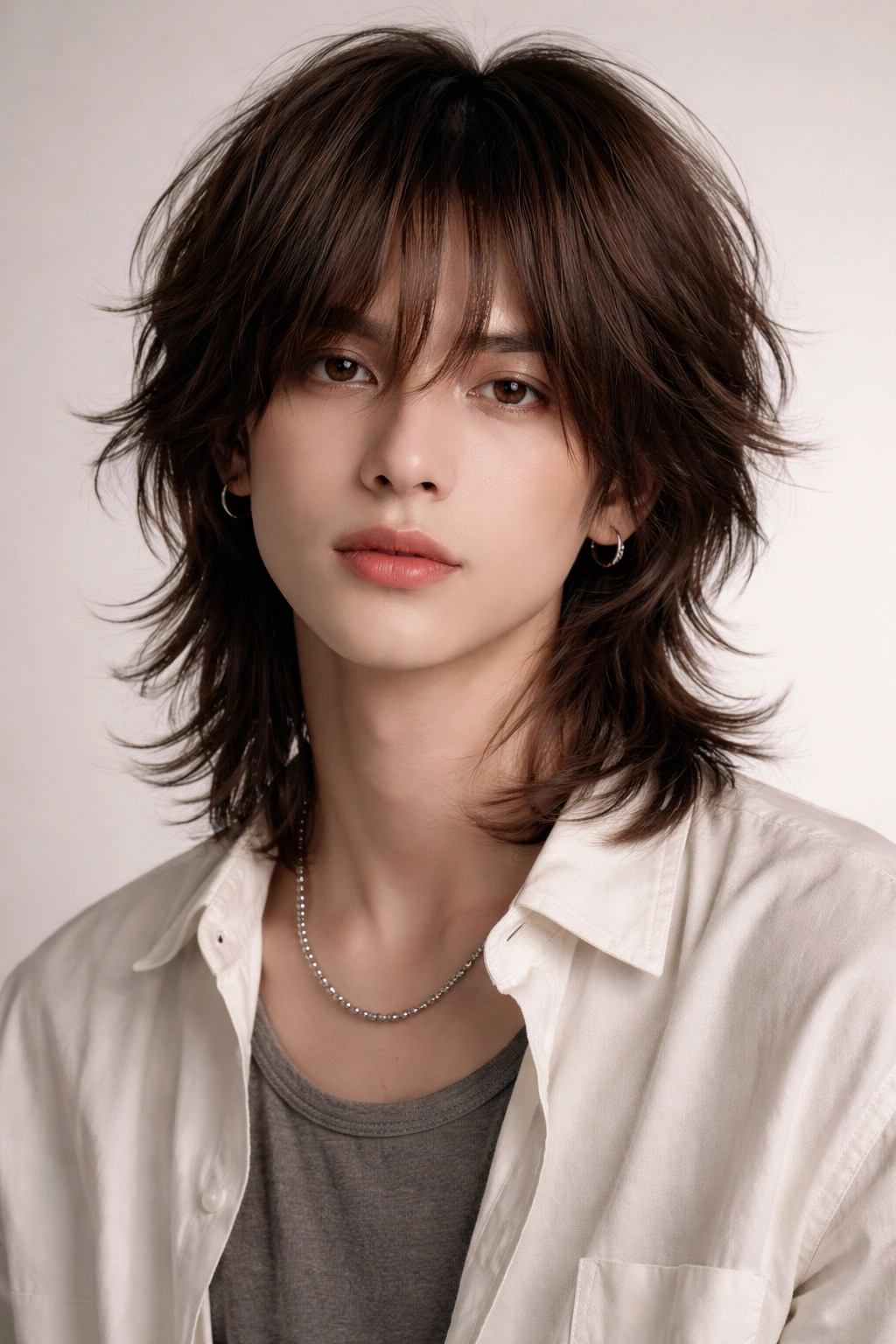 Male with soft layered shag hairstyle featuring face-framing pieces