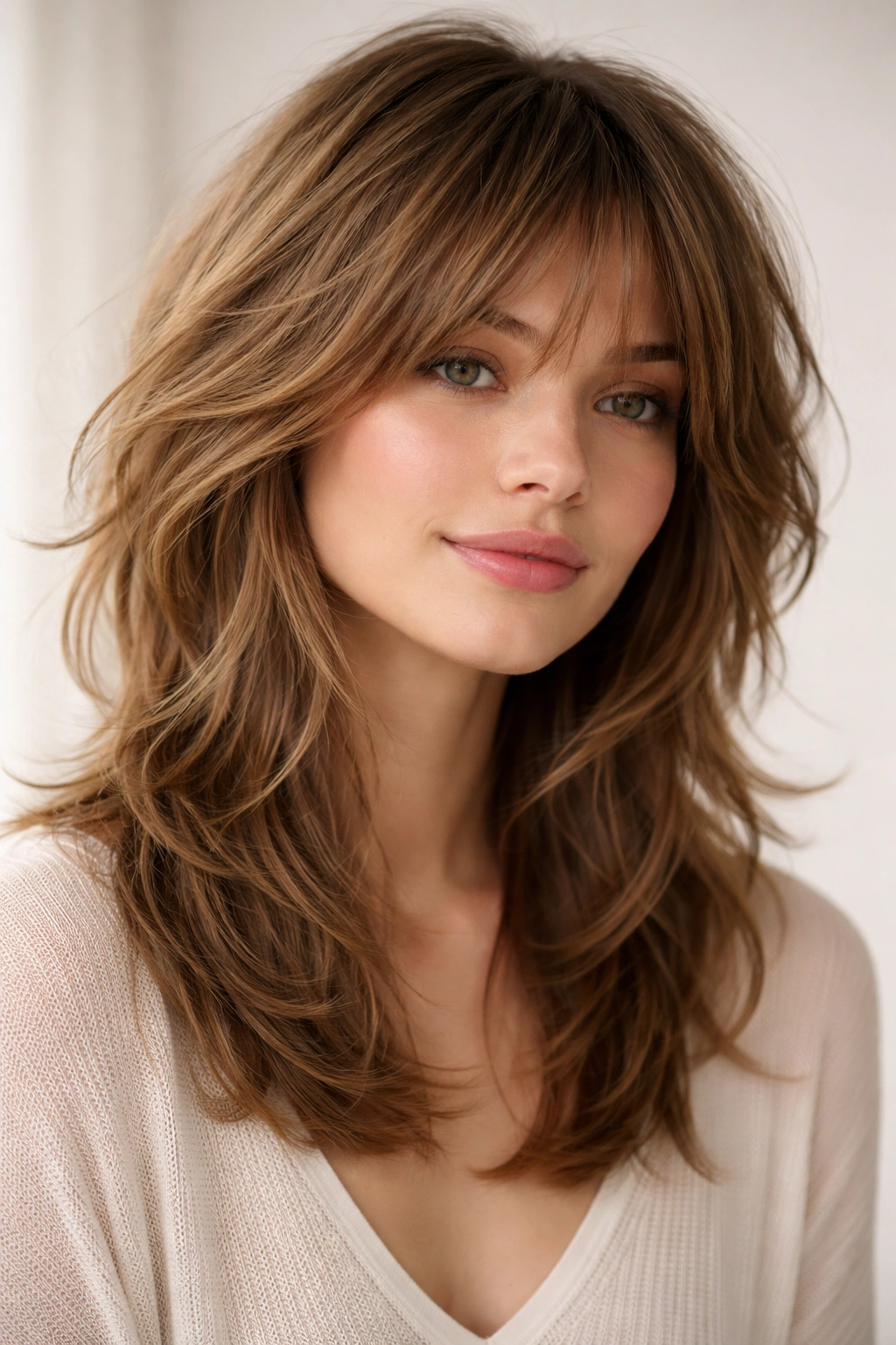 Portrait of a person with a romantic shag and soft feathered layers.