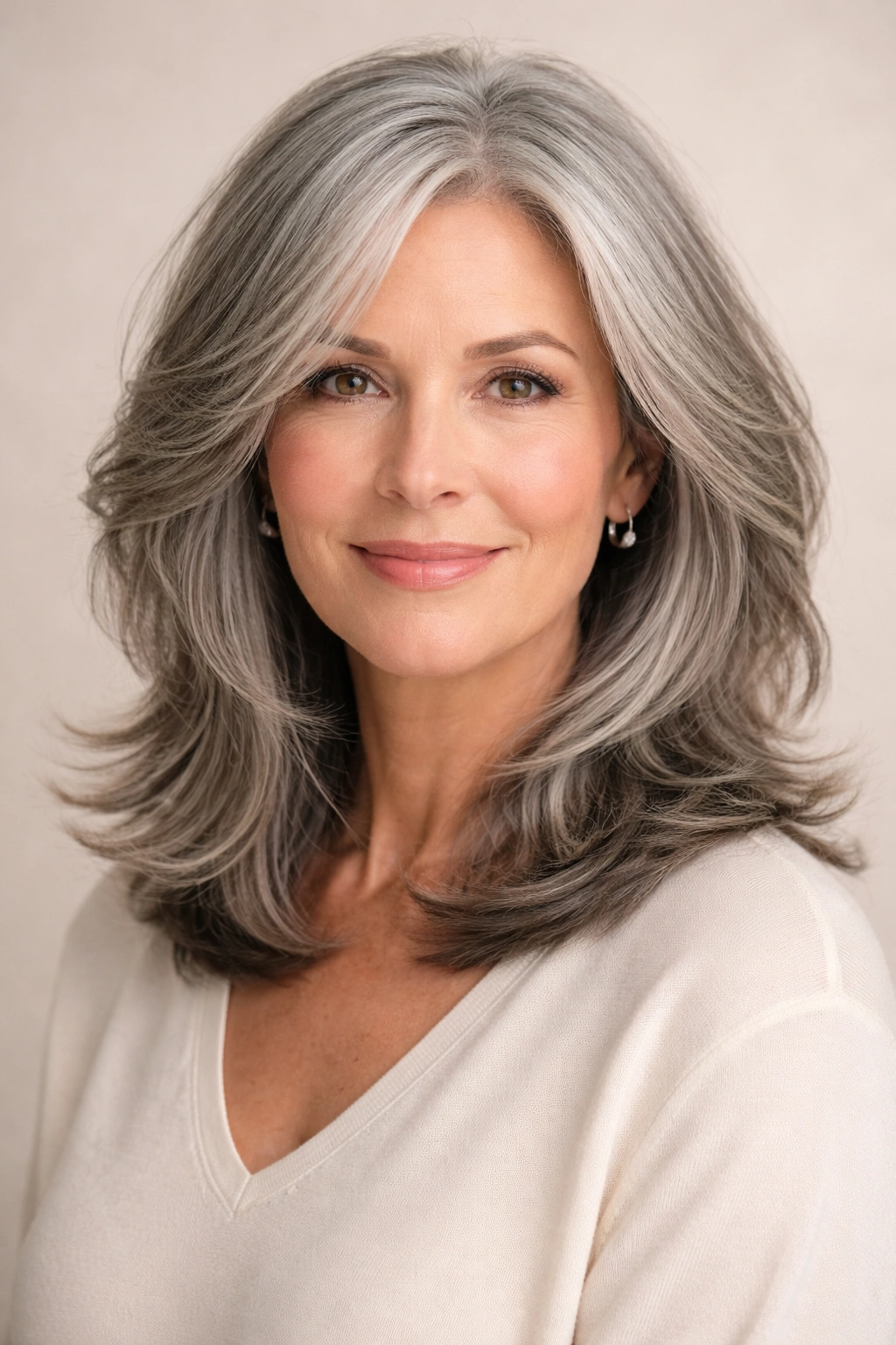 Soft layered shoulder-length hairstyle with face-framing pieces